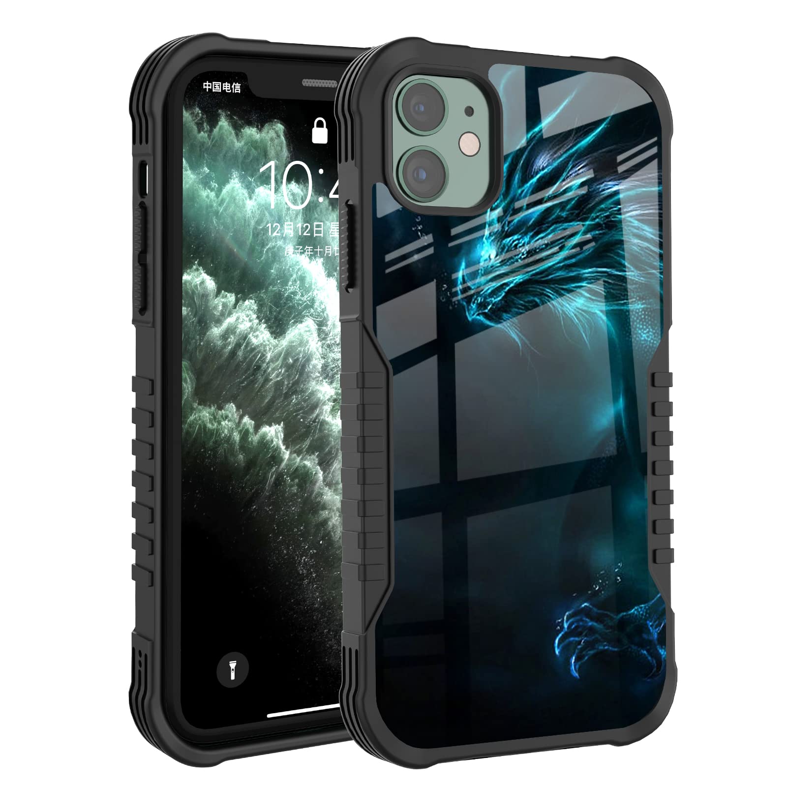 Fjyuanqi Iphone 12/12 Pro Case For Men Boys, Cool Blue Dragon Design With Anti Slip Shockproof Bumper, Pc Backplane Protection+S