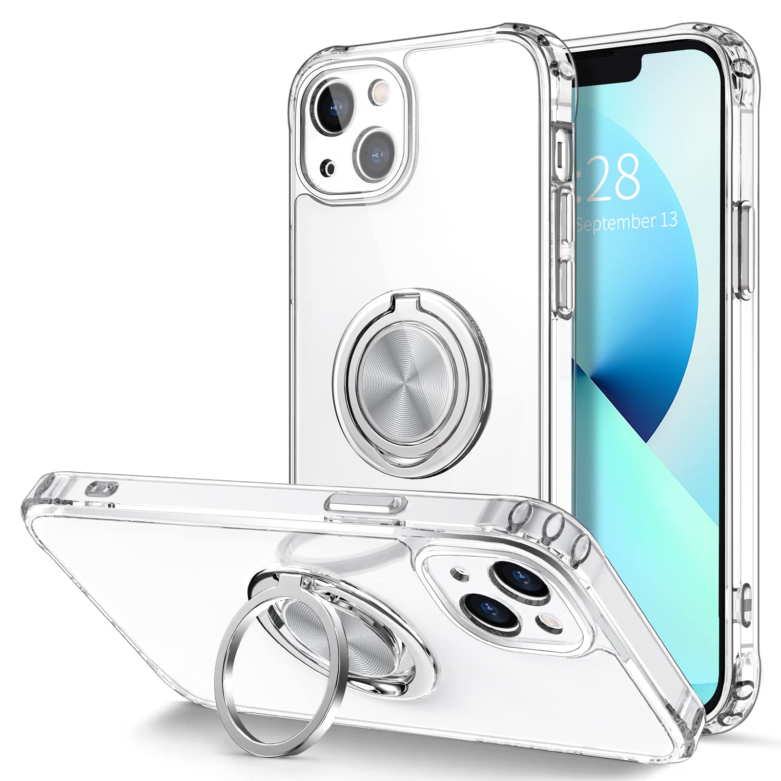 Hython For Iphone 13 Case With Ring Stand [360Rotatable Ring Holder Magnetic Kickstand] [Support Car Mount] Transparent Hard Pc 
