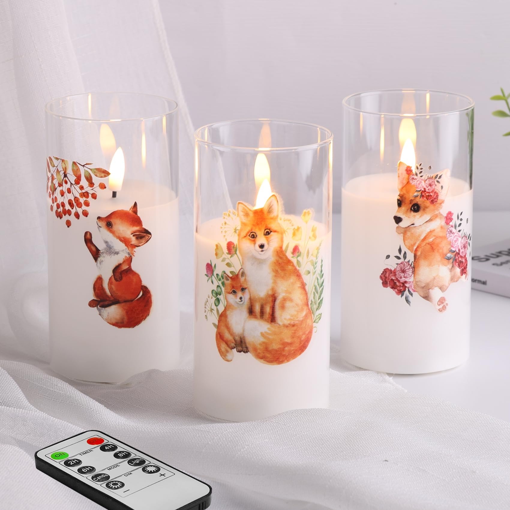 Eywamage Fox Puppy Flameless Candles In Glass Jars, Flickering Battery Led Pillar Candles With Remote Set Of 3