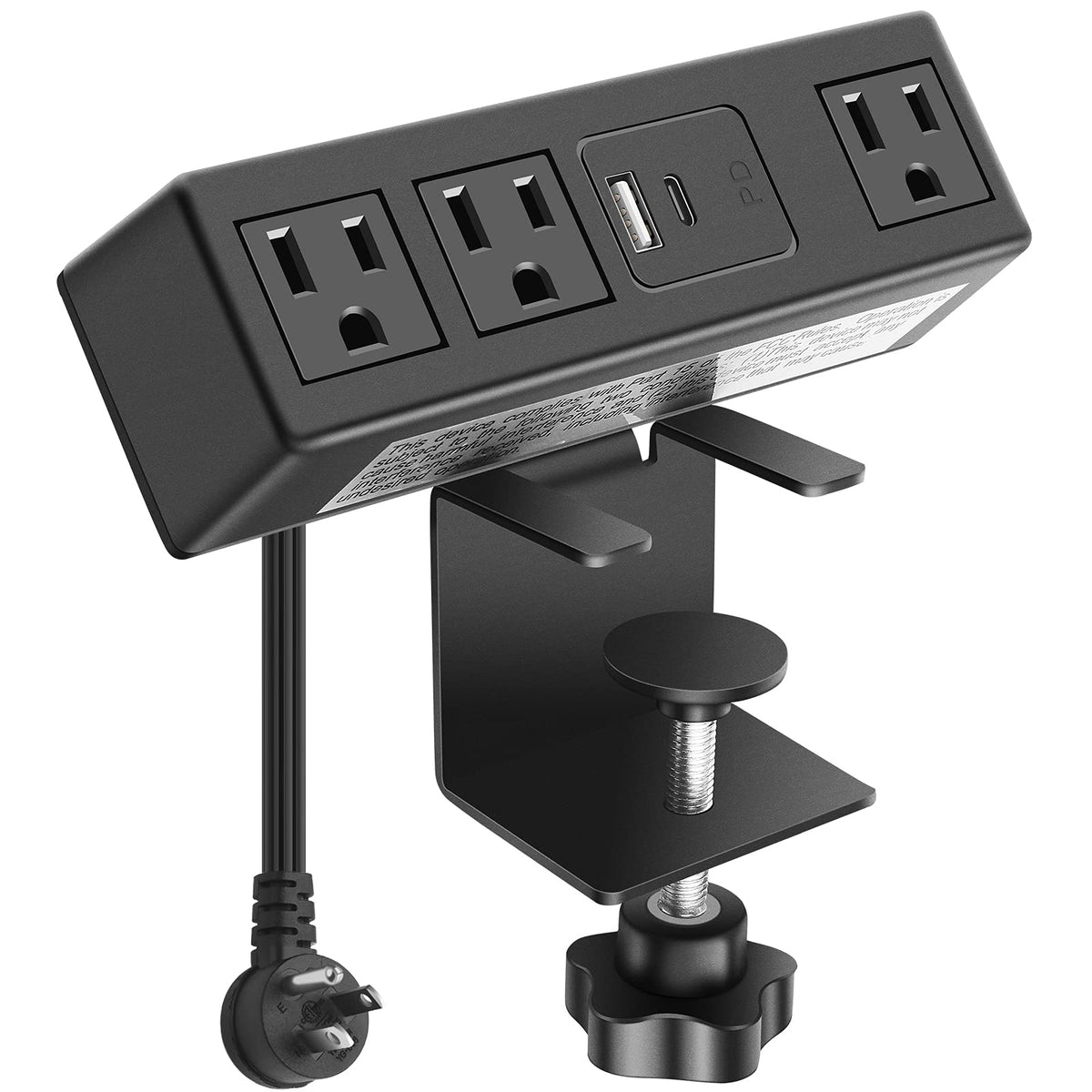 Cccei Desk Clamp Power Strip With Pd 3.0 Fast Charging Usb C Port, On Desktop Mount Widely Spaced Outlet 10 Ft Flat Plug, Fit 1.6 Inch Tabletop Edge Thick, 125V 12A 1500W (Black)