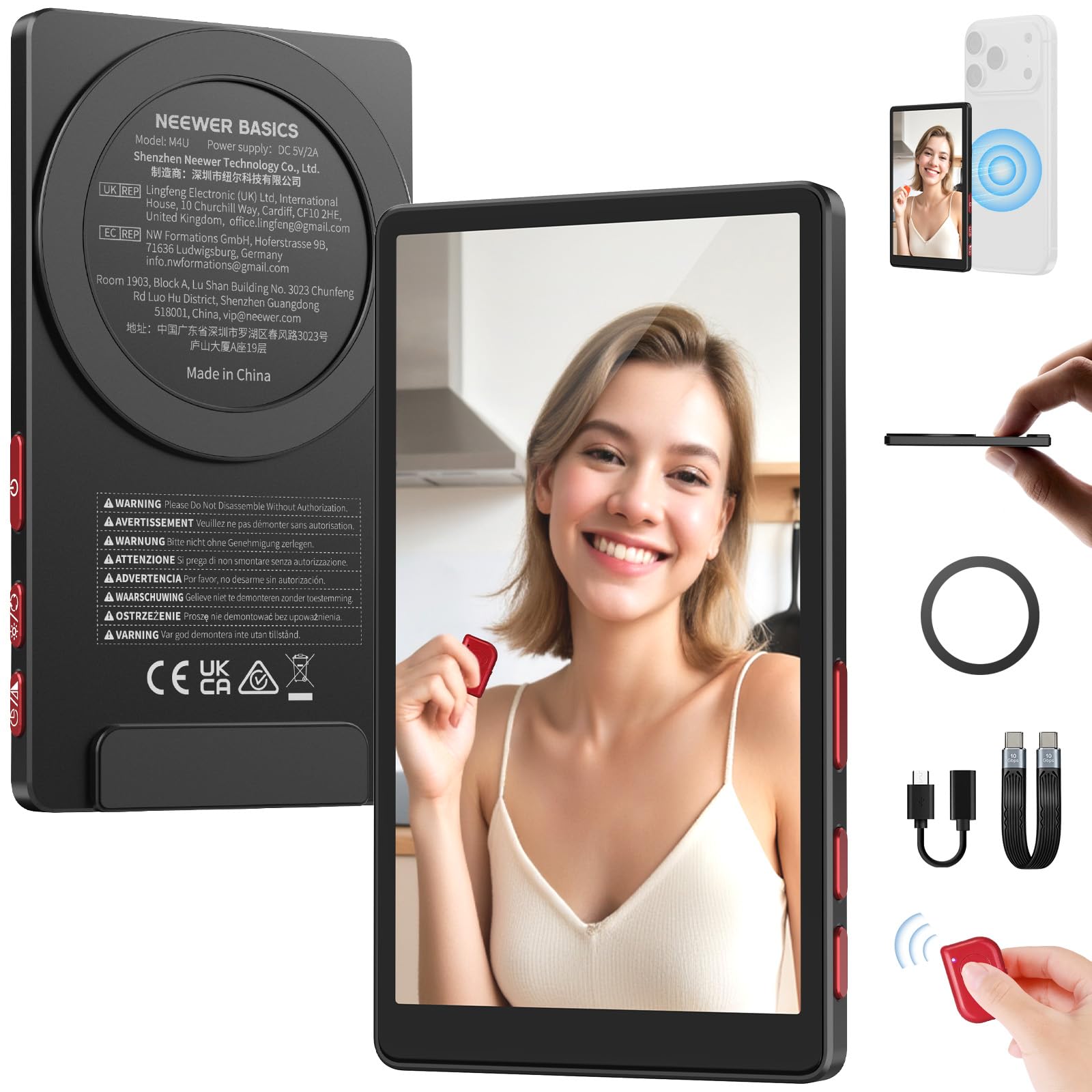 NEEWER Basics 4 Ultra Thin Magnetic Vlog Selfie Monitor Screen, Metal Back Camera Monitor w 600nits/Remote for 4K 120fps Wired R