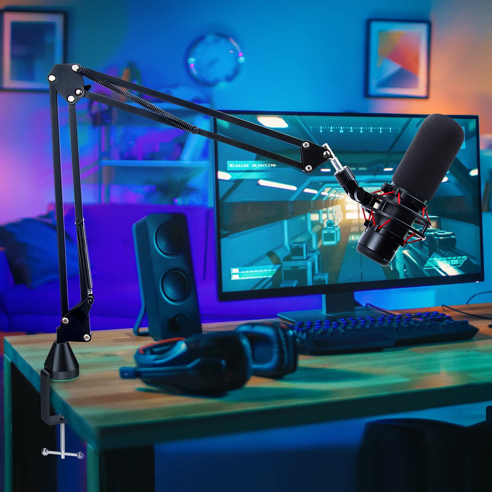 YOUSHARES Wall Mount QuadCast Boom Arm Stand with Mic Windscreen and Table Mount Clamp, Mic Stands and Holders Compatible with HyperX QuadCast S Microphone