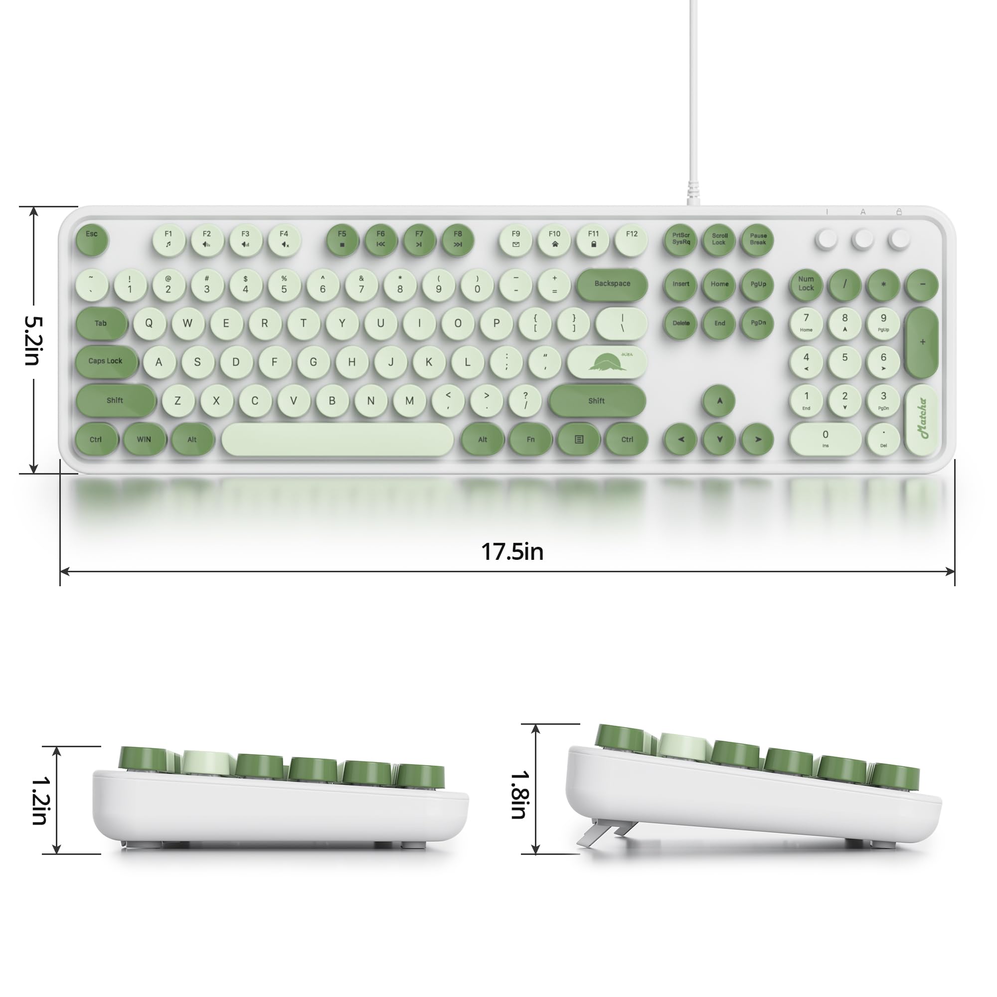 Owpkeenthy Typewriter Green Matcha Cute Keyboard With Floating Round Keys, Full Size Wired Retro Keyboard Click Feeling With Fol