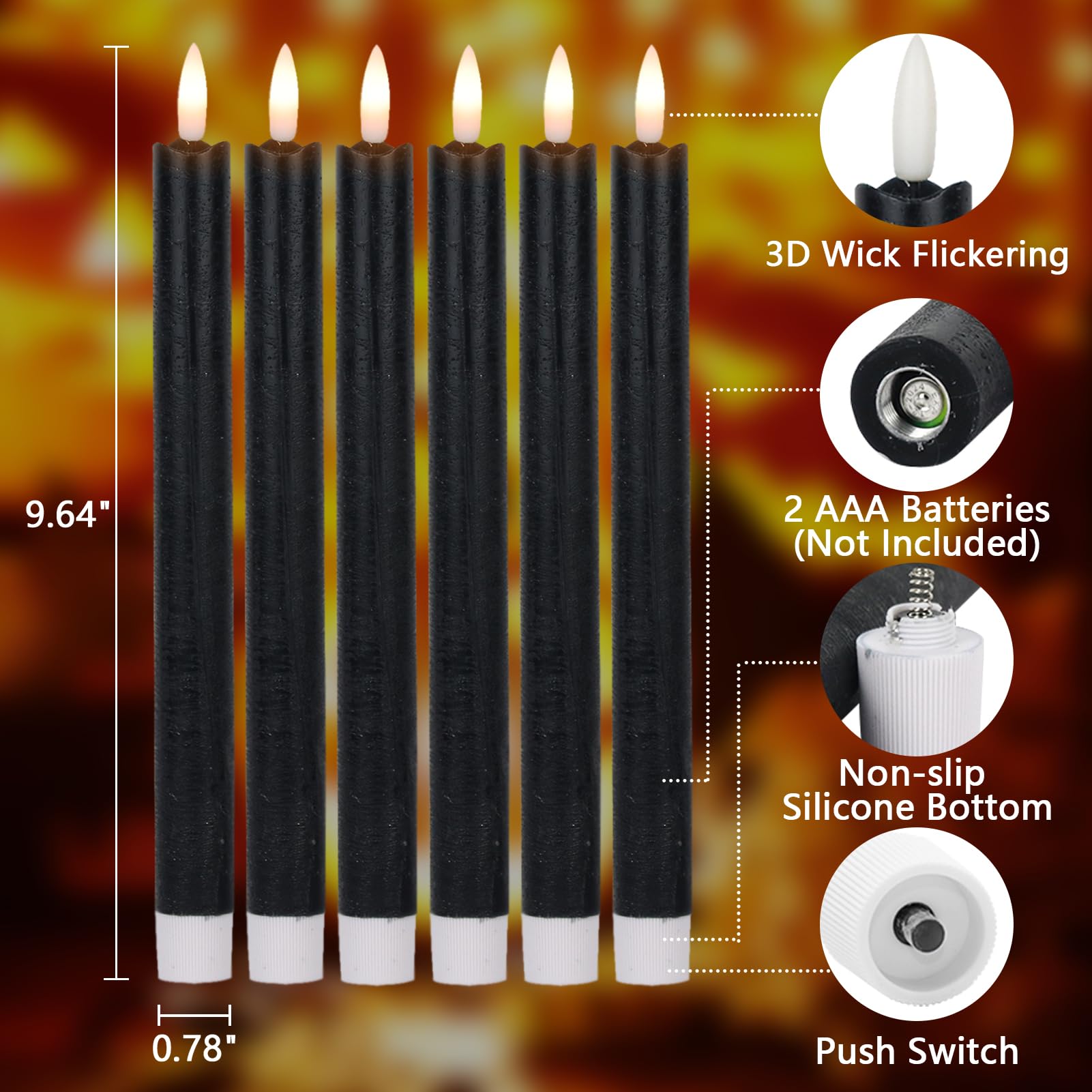 Dromance Halloween Flameless Taper Candles With 6 Hour Timer, Battery Operated Black Led Taper Candles Real Wax 3D Wick Flickeri