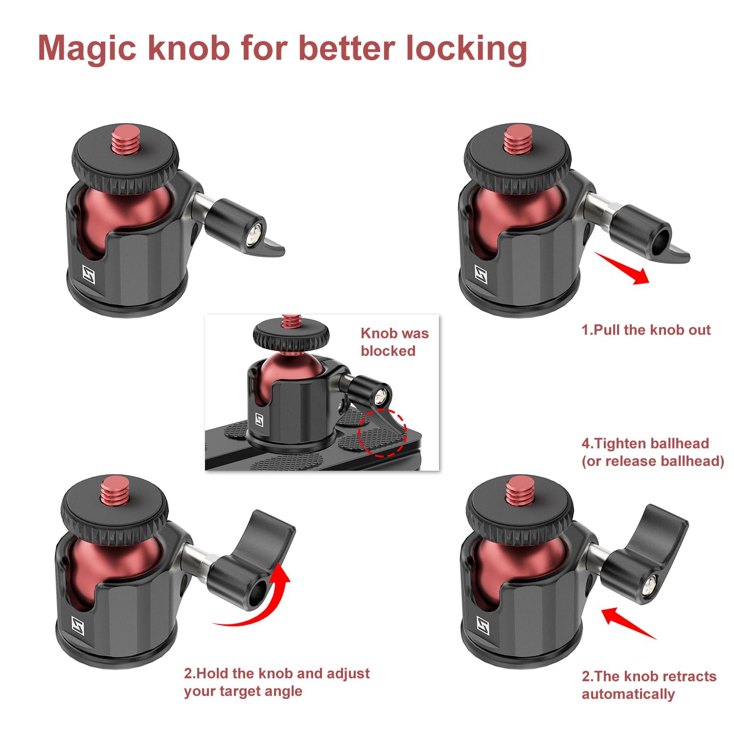 Sioti Mini Ball Head Mount, Mini Tripod Head Mount, Compatible With Microphone/Cellphone/Action Camera/Flash/Lcd