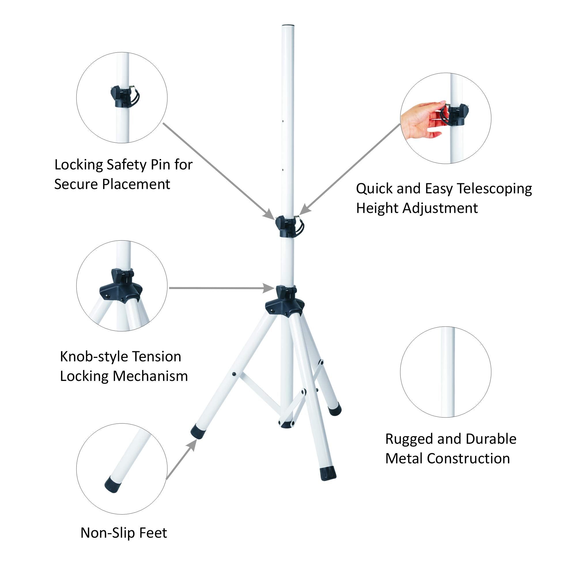 Sound Town 2-Pack Universal Tripod Speaker Stands With Adjustable Height, 35Mm Compatible Insert, Locking Knob And Shaft Pin, Wh
