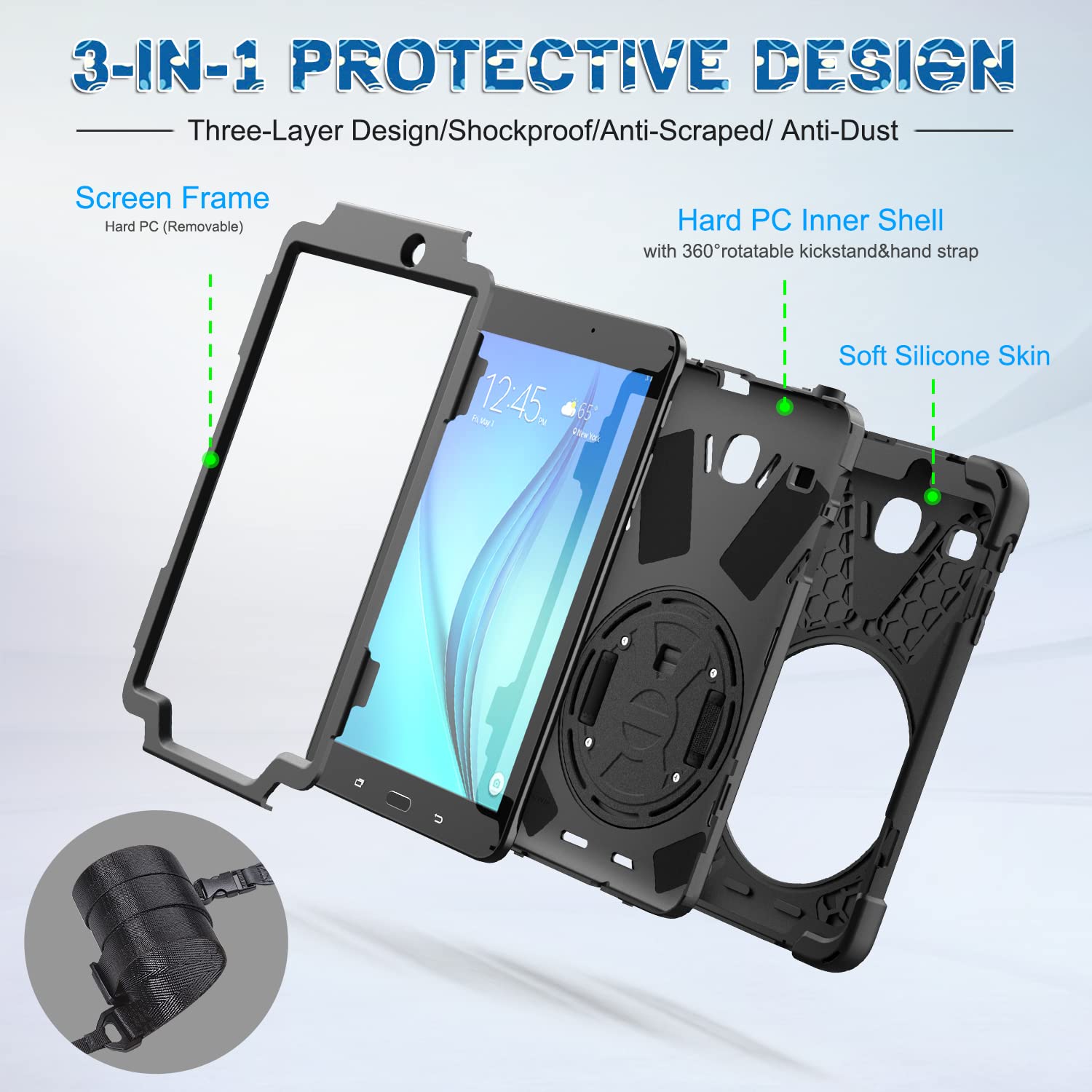 Braecnstock Samsung Galaxy Tab E 8.0 Case (Sm T375/T377/T378),Shockproof Durable Protective Cover With 360 Kickstand&Hand Strap,