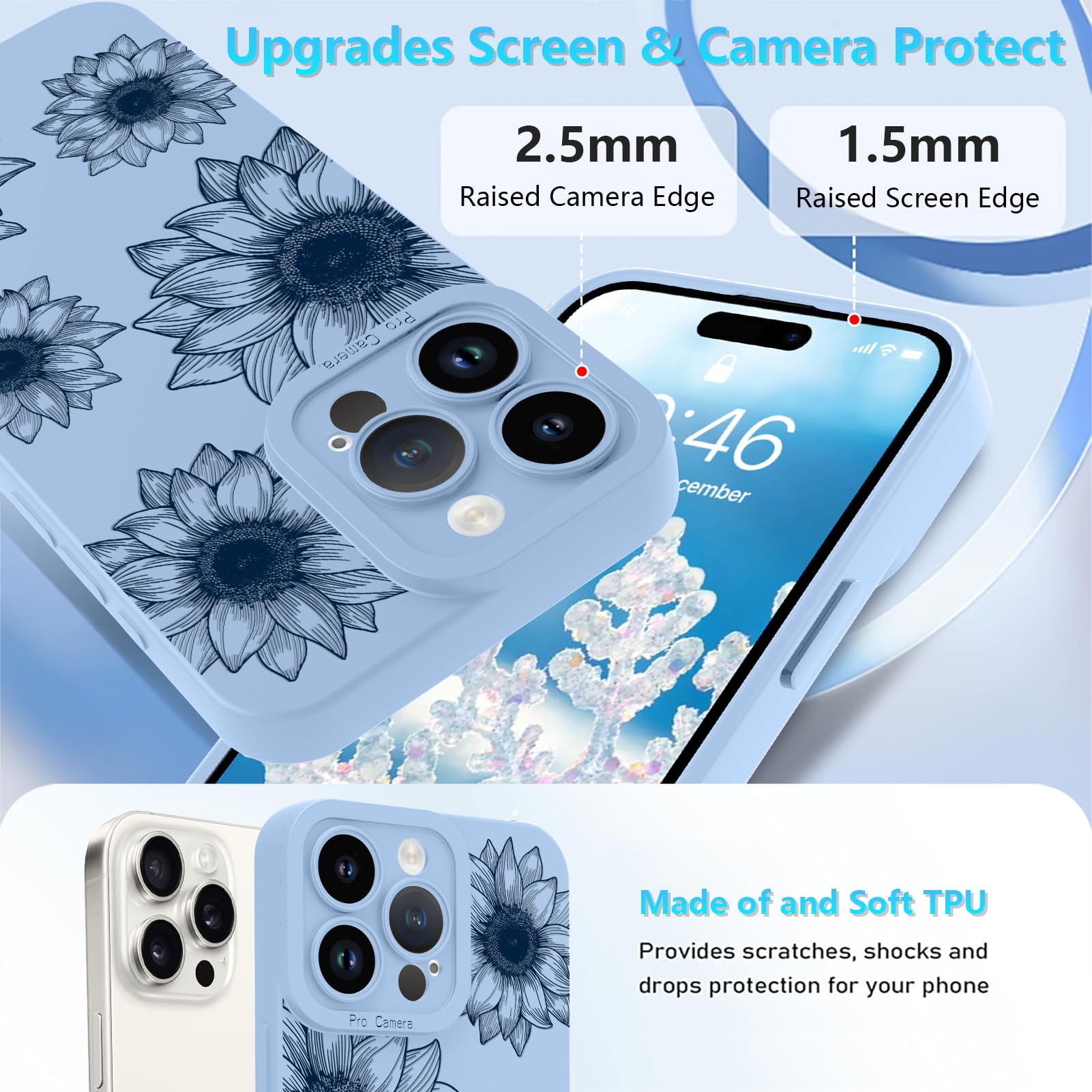 Ook Floral Case For Iphone 14 Pro Case, Cute Sunflower Floral Blooms Design Soft Tpu Shockproof Protective For Women Girls Slim