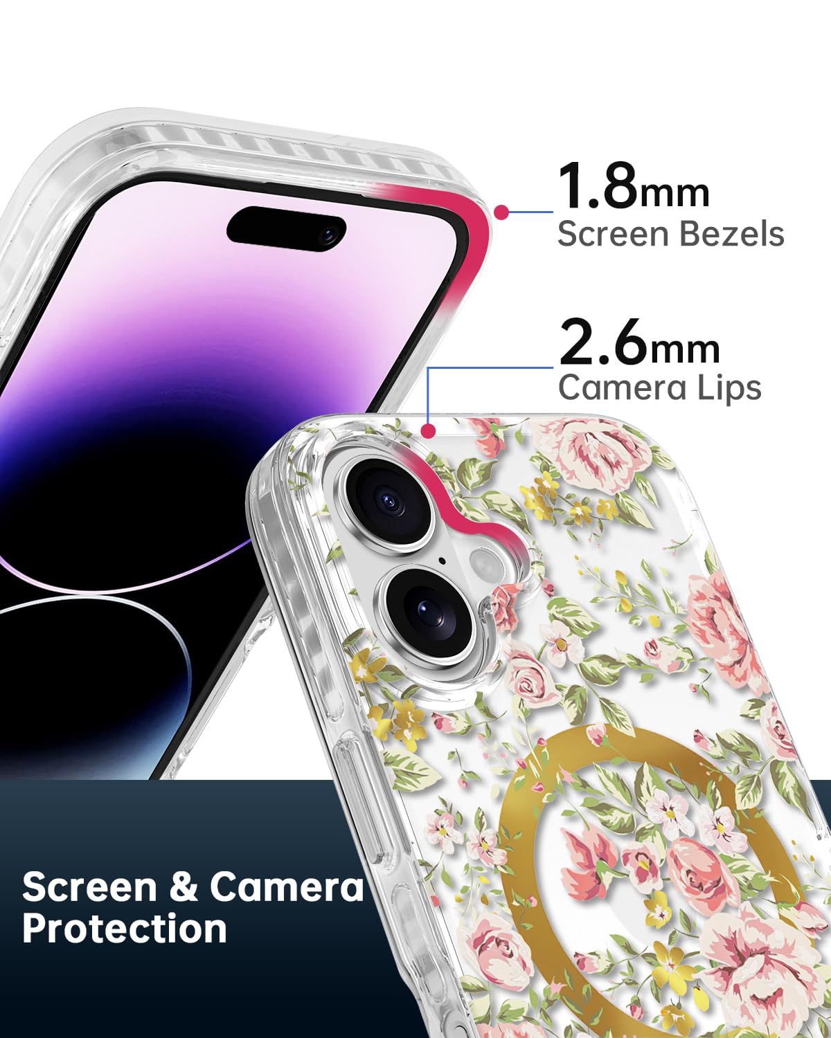 Scorpify For Iphone 16 Case [Compatible With Magsafe] With Country Rose Floral Design, Cute Clear Flower Magnetic Phone Cover Fo