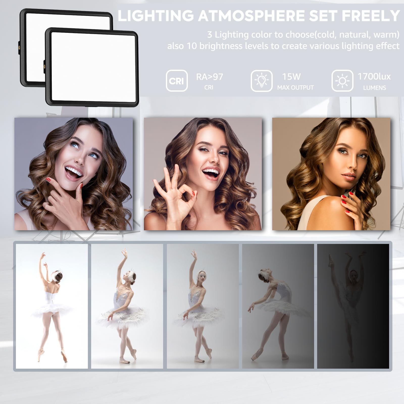 2 Pack Led Photography Lighting Kit, Arsoer 15W Bi Color Video Light Kit, 2800 6500K Led Light Cri 97+, Studio Light With 70