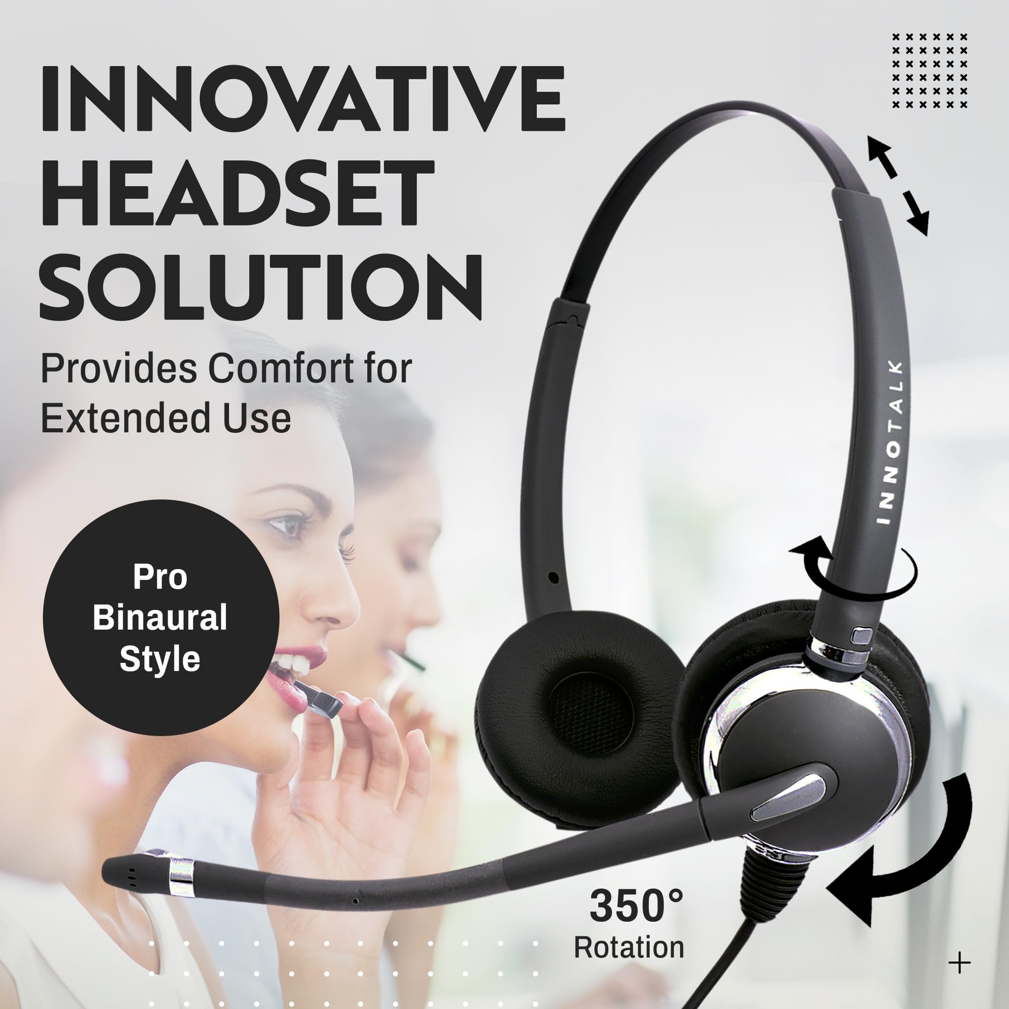 Innotalk   Rj9 Quick Disconnect Office Phone Headset, Call Center Phone Headset, Wired Headset For Desk Phone Compatible With Polycom, Mitel, And More, Noise Canceling Mic Telephone Headset, Pro