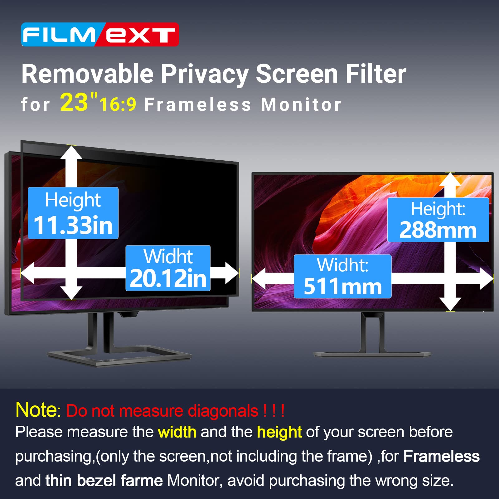 Filmext [2023 Upgrade Computer Privacy Screen Shield For 23 Inch 16:9 Frameless Monitor, Anti Spy Blue Light Filter, Bubble Free