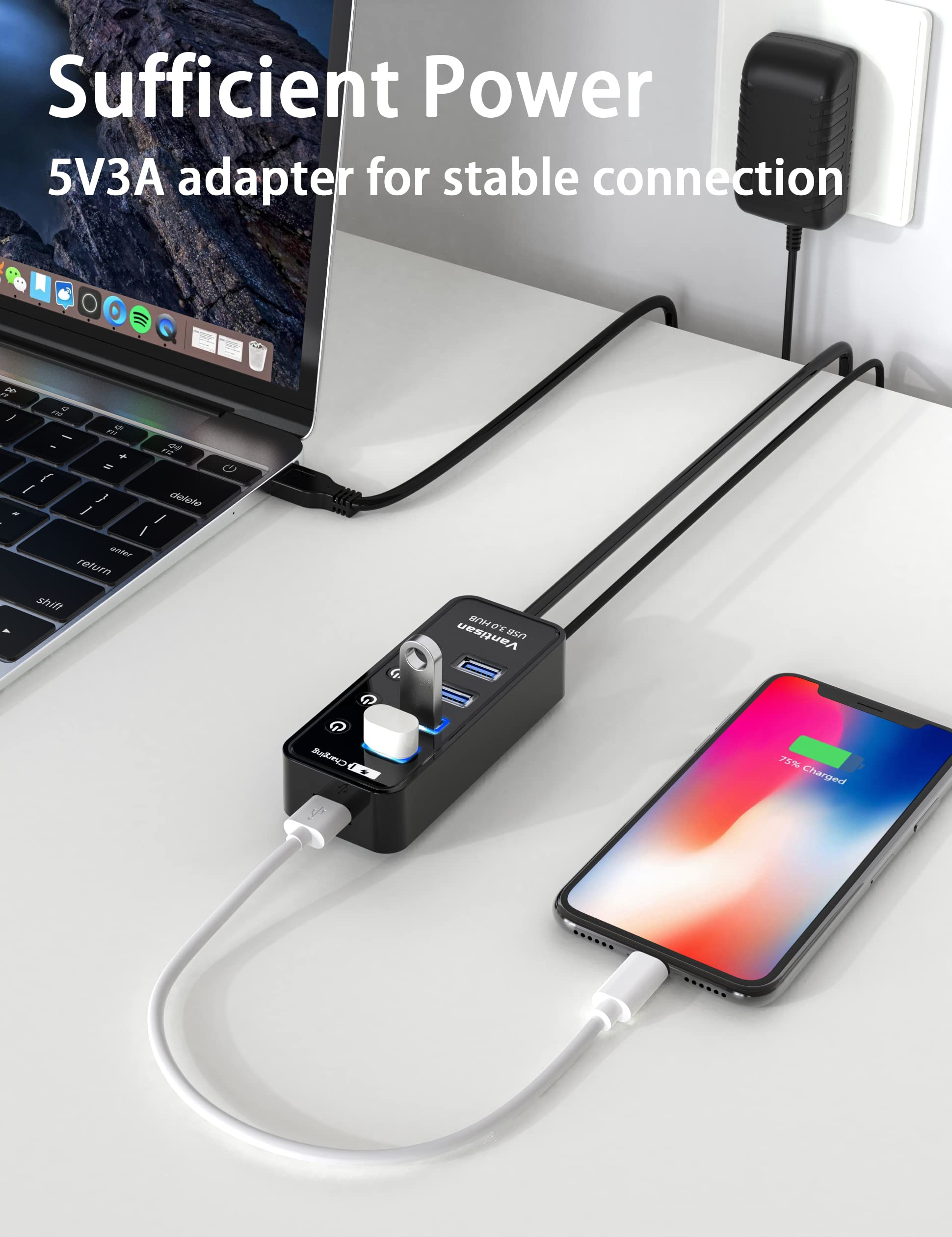 Vantisan Powered Usb 3.0 Hub, Usb Extension 4 Port Usb Hub Splitter (4 Usb 3.0 Data Ports+1 Smart Charging Port) With 5V/3A Powe