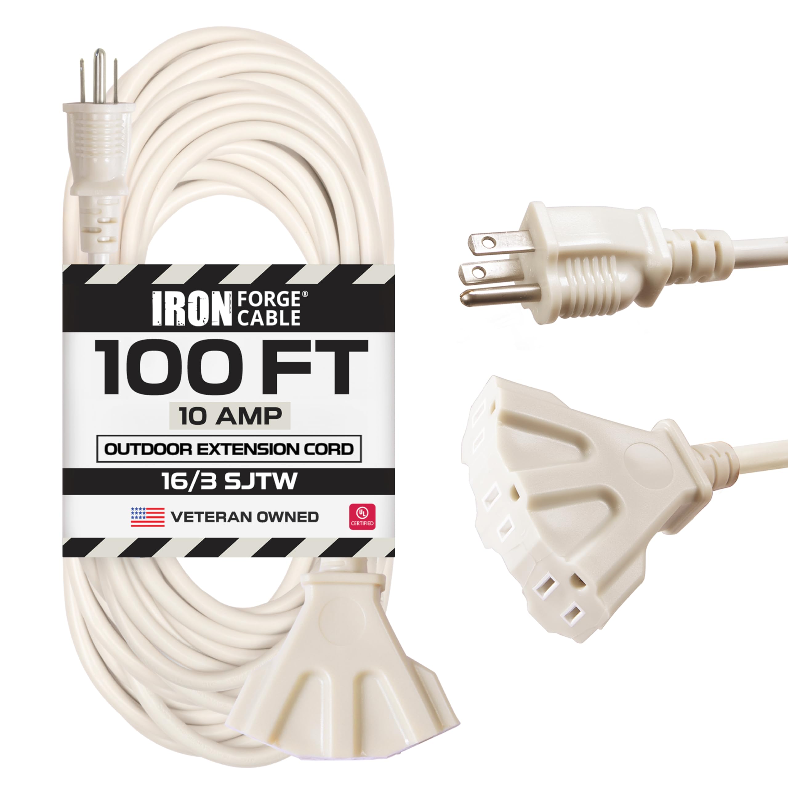Iron Forge Cable 100 Ft Beige Outdoor Extension Cord With 3 Outlets   16/3 Sjtw 100Ft Extension Cord 3 Prong, 10 Amp All Weather