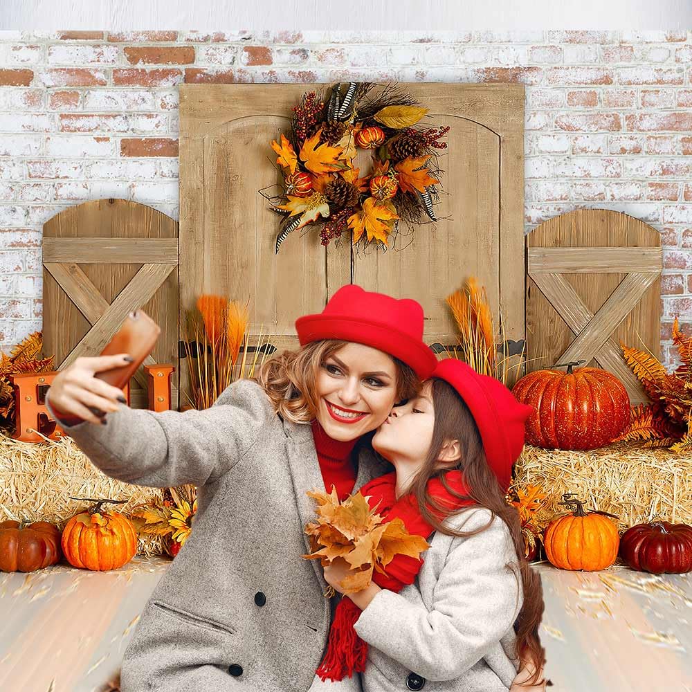 Aibiin Fall Barn Pumpkin Photography Background Rustic Brick Wall Wood Door Backdrop Haystack Decoration Wreath Banner For Kids