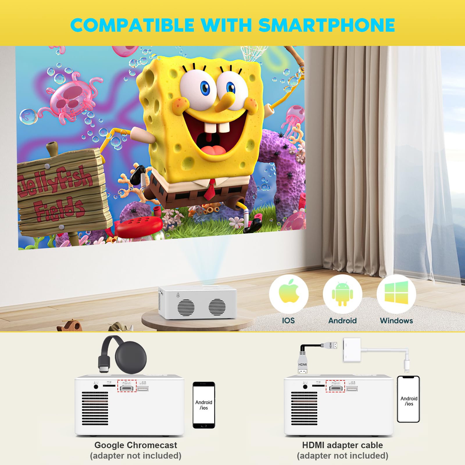 Purshe Mini Bluetooth Projector, Full Hd 1080P Supported Portable Outdoor Movie Projector For Ios, Android, Windows, Compatible