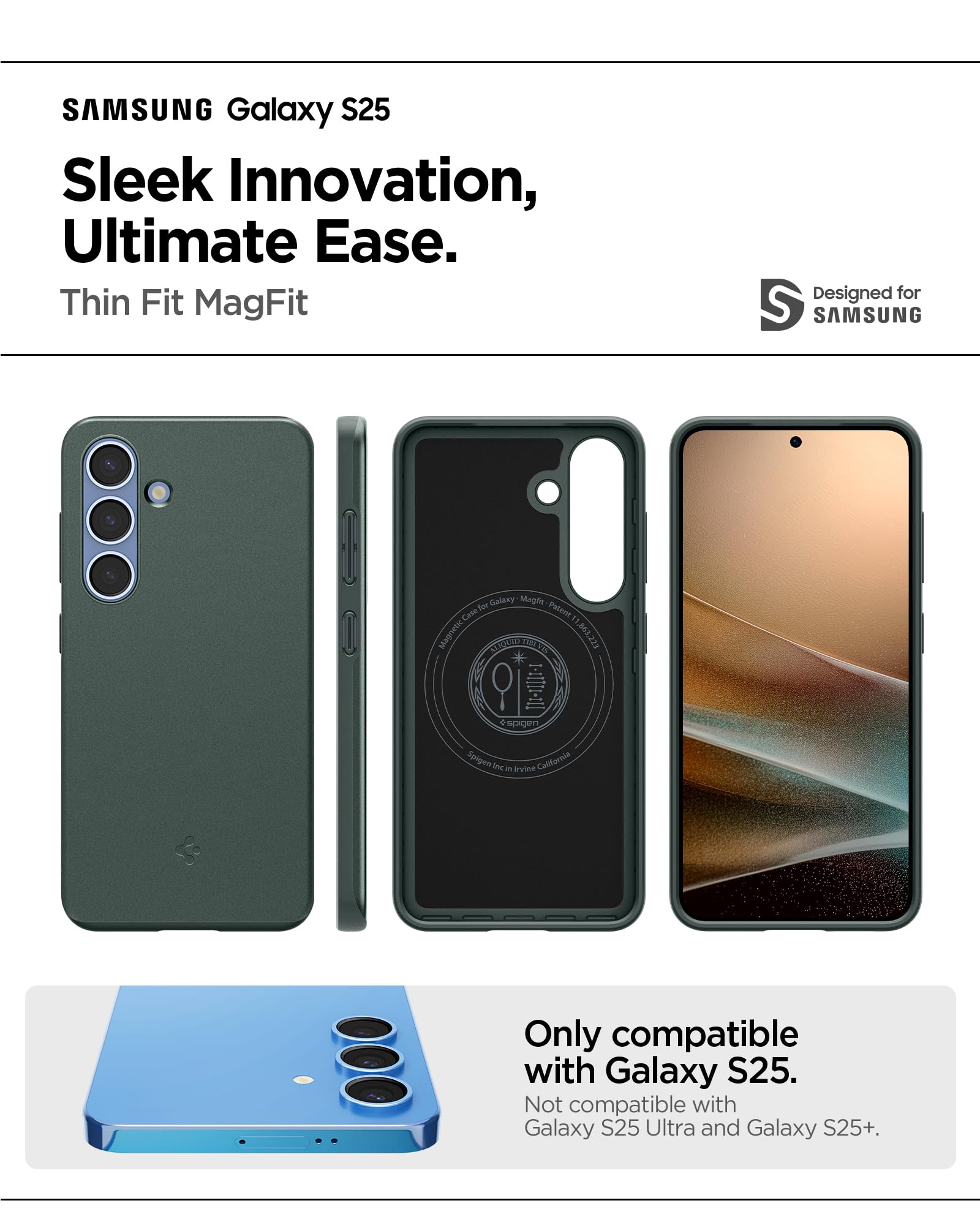 Spigen Thin Fit Magfit Designed For Galaxy S25 Case [Qi2 Certified/Magnet For Galaxy] (2025) - Abyss Green