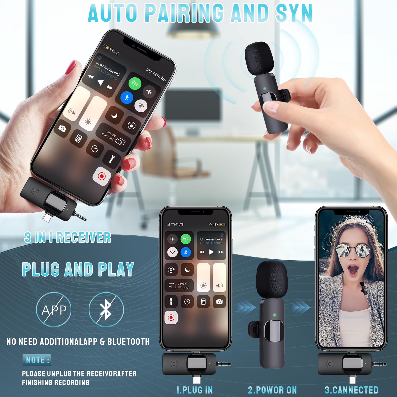 Partyear Wireless Microphone For Iphone, Android, Camera, Ipad, Usb C Microphone, 3 In 1 Dual Professional Wireless Lavalier Min