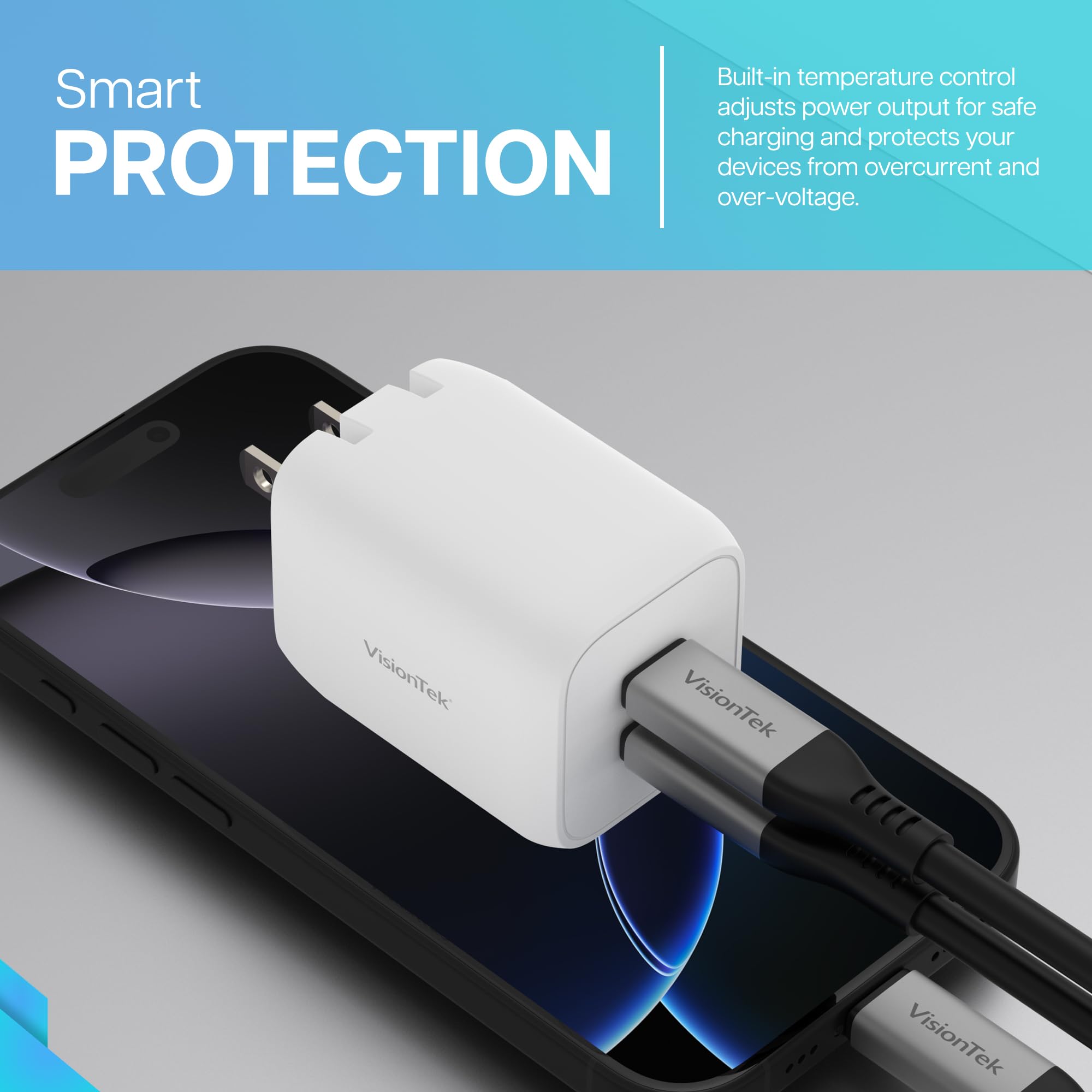 Visiontek Gan Ii 65W Wall Fast Charger - Dual Usbc Port - 2X Usb-C - Compatible With Macbook Pro/Air, Ipad, Iphone, Galaxy, Stea