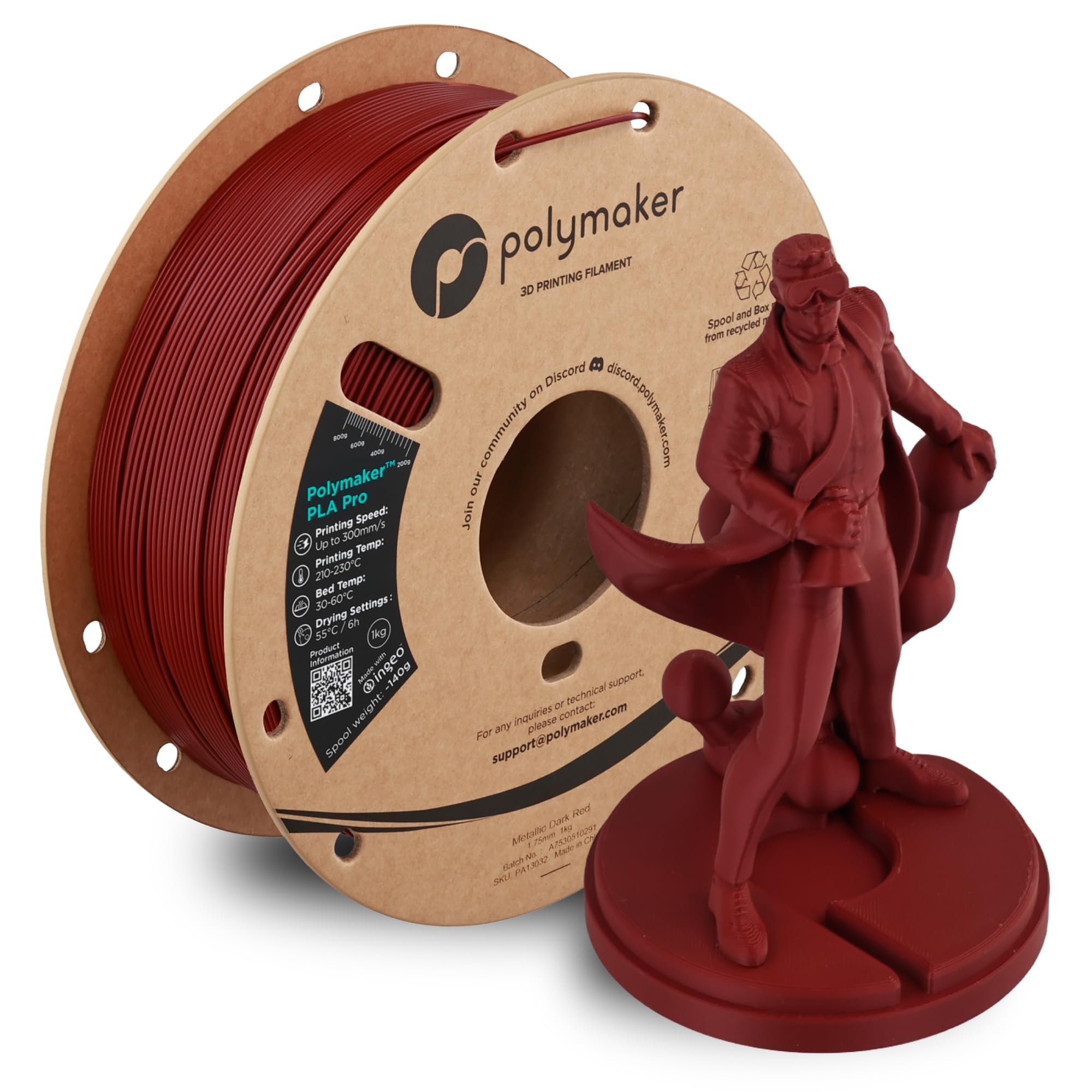 Polymaker PLA Pro 3D Printing Filament Metallic Dark Red 1.75mm 1KG, High-Impact Tough PLA, Fast Printing up to 300mm/s, New For