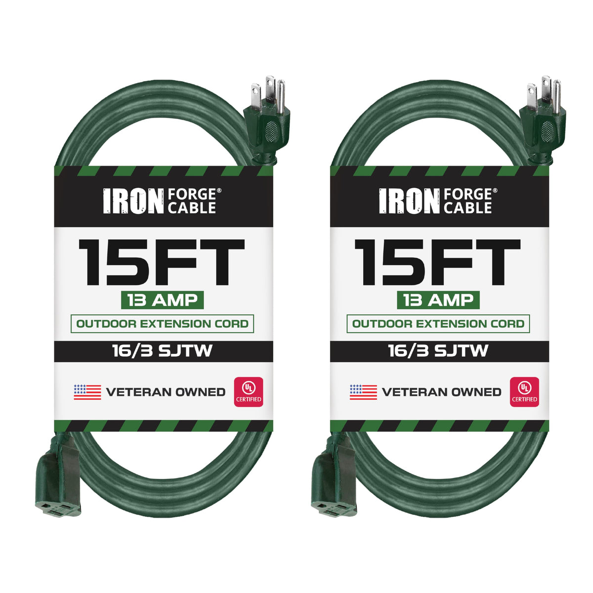 Pack Of 2 Outdoor Extension Cords, 15 Ft Ea - 16/3 Durable Green 3 Prong Extension Cord Pack