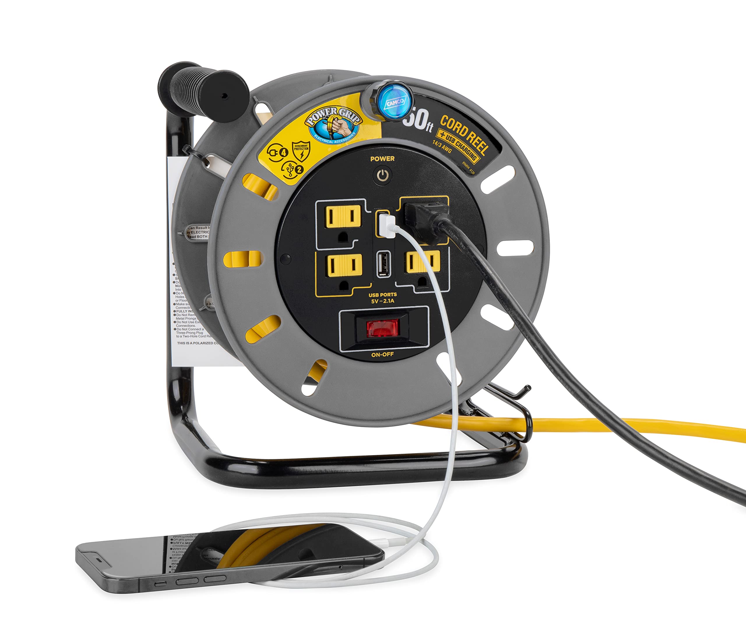 Camco Power Grip 50 Foot Extension Cord Reel With Usb Charging Ports | Provides An Extended Length To Power Your Equipment And D
