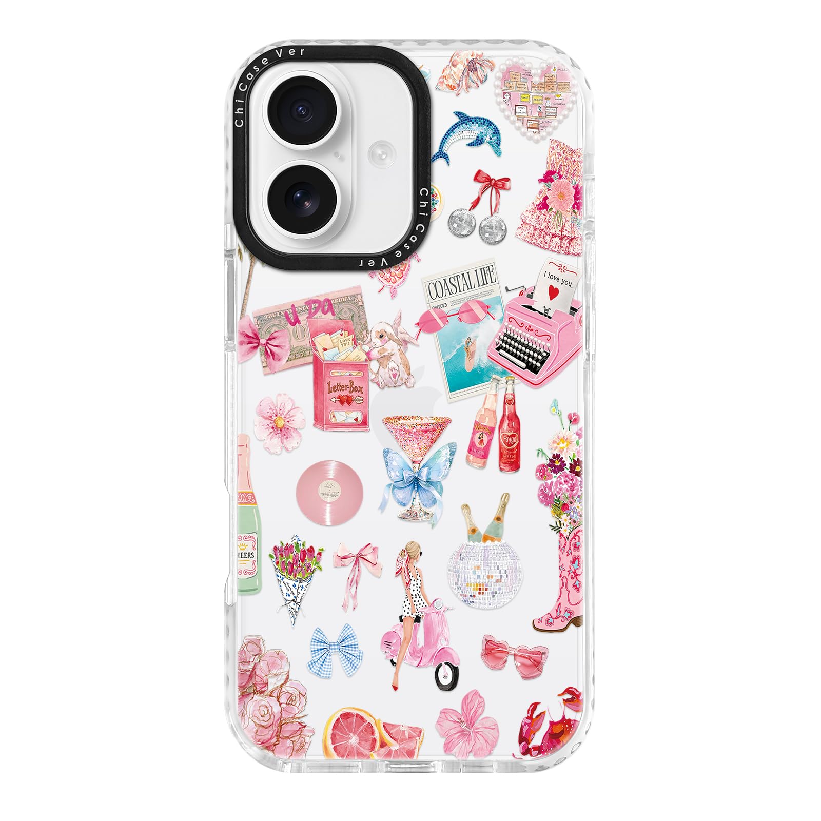 ChiCaseVer for iPhone 17 Case, Coastal Romance Collage Pattern with Pink Love Motifs, Trendy Glamorous Soft Slim TPU Protective 