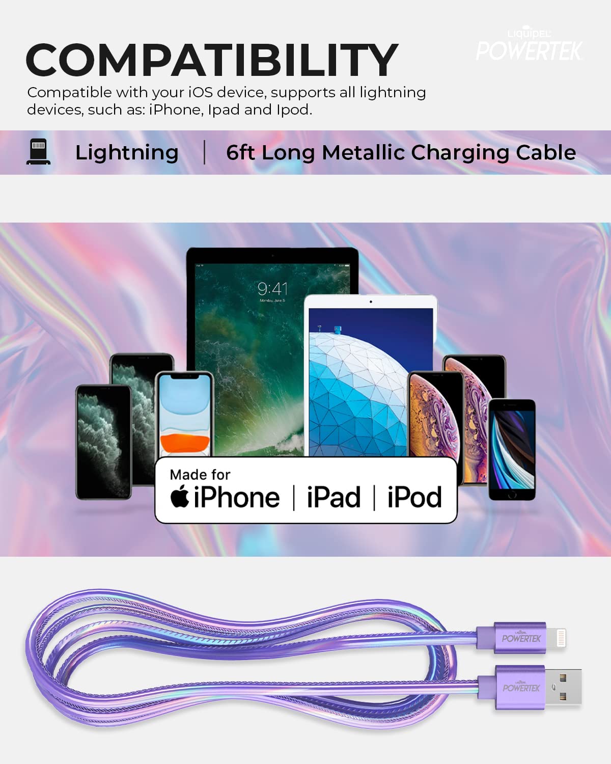 Liquipel Powertek Iphone Charger Cable, 6 Ft Fast Charging Lightning To Usb Cord Adapter, Compatible For Ipad, Mfi Certified, Metallic Shine (Purple)