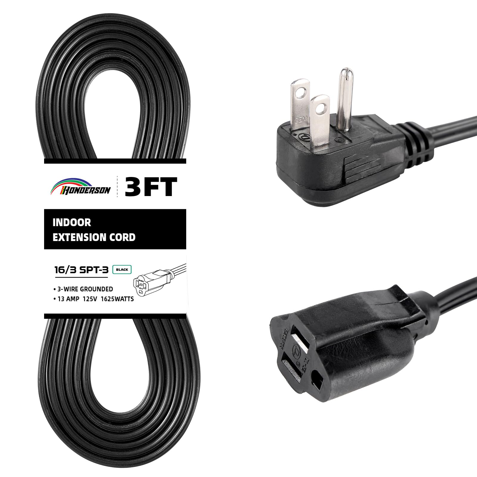 Honderson Flat Plug Extension Cord, Ul Listed, Indoor Extension Cord 16 Gauge 3Ft Black, 16/3 Spt 3 13A 3 Prong Grounded Power C