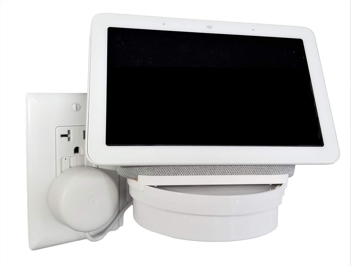 The Google Home Hub Nest Hub [Gen 1 And Gen 2] Mount For Electrical Outlets. Full Swivel. Installs In Seconds. Hidden Cord Storage. Award Winning Design. Works On All Vertical Outlets.