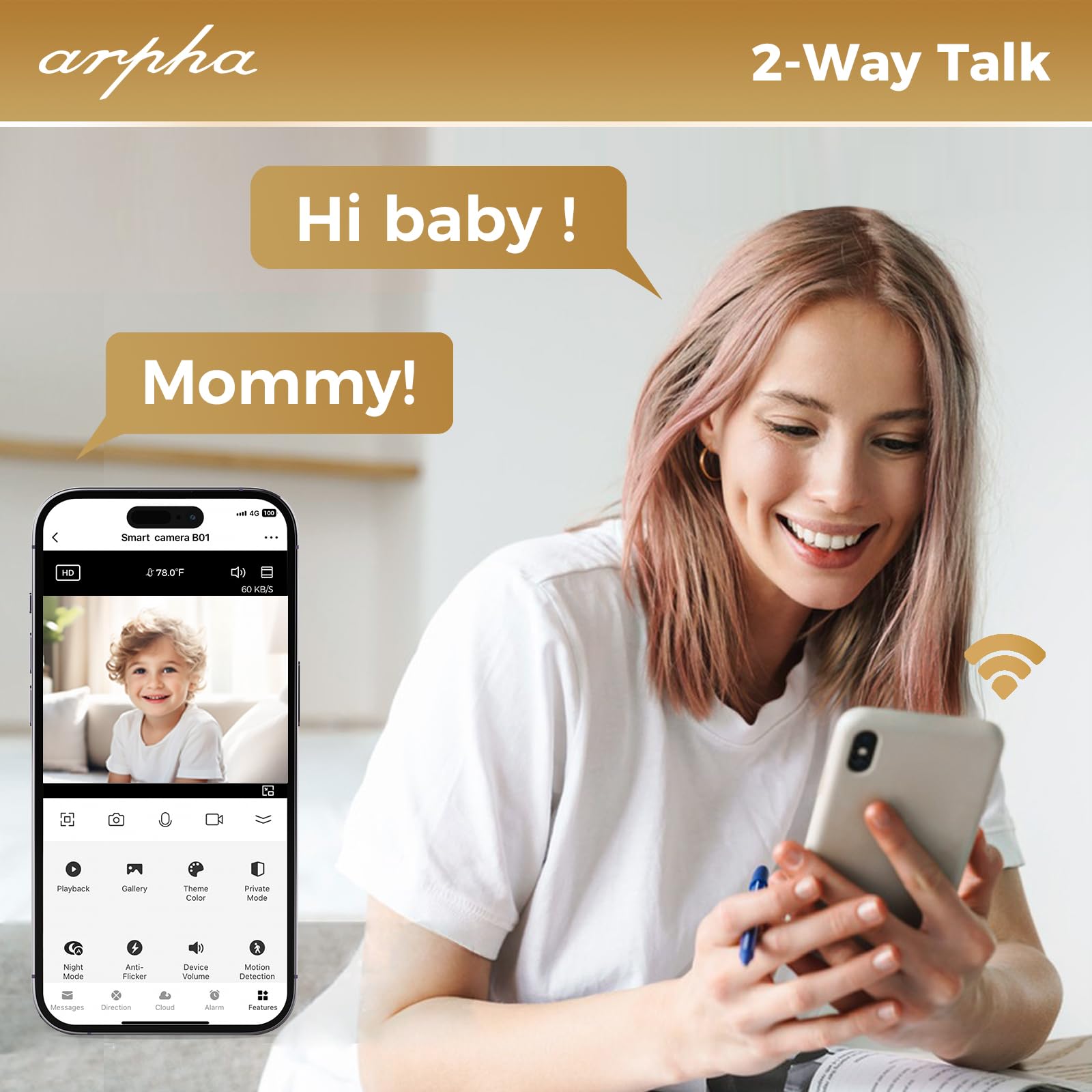Arpha 1080P Indoor Security Camera, Wifi Camera For Baby Monitor, Pir Motion Detection Temp Monitoring, One Touch Call Two Way T
