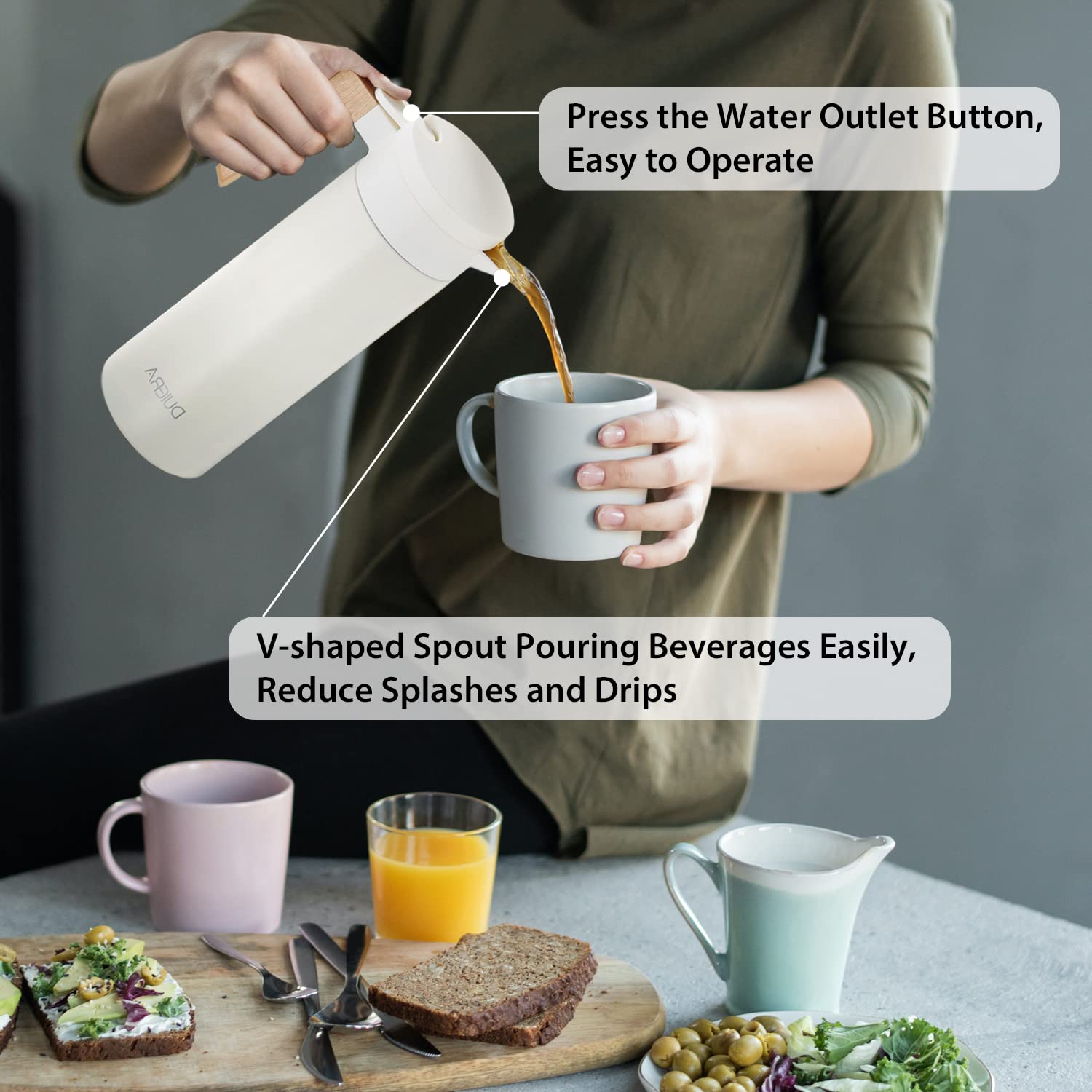 Duiera 51 Oz Coffee Carafe Double Walled Thermal Carafe Stainless Steel Thermos Pot, 1.5 L Beverage Dispenser Keeping Hot/Cold