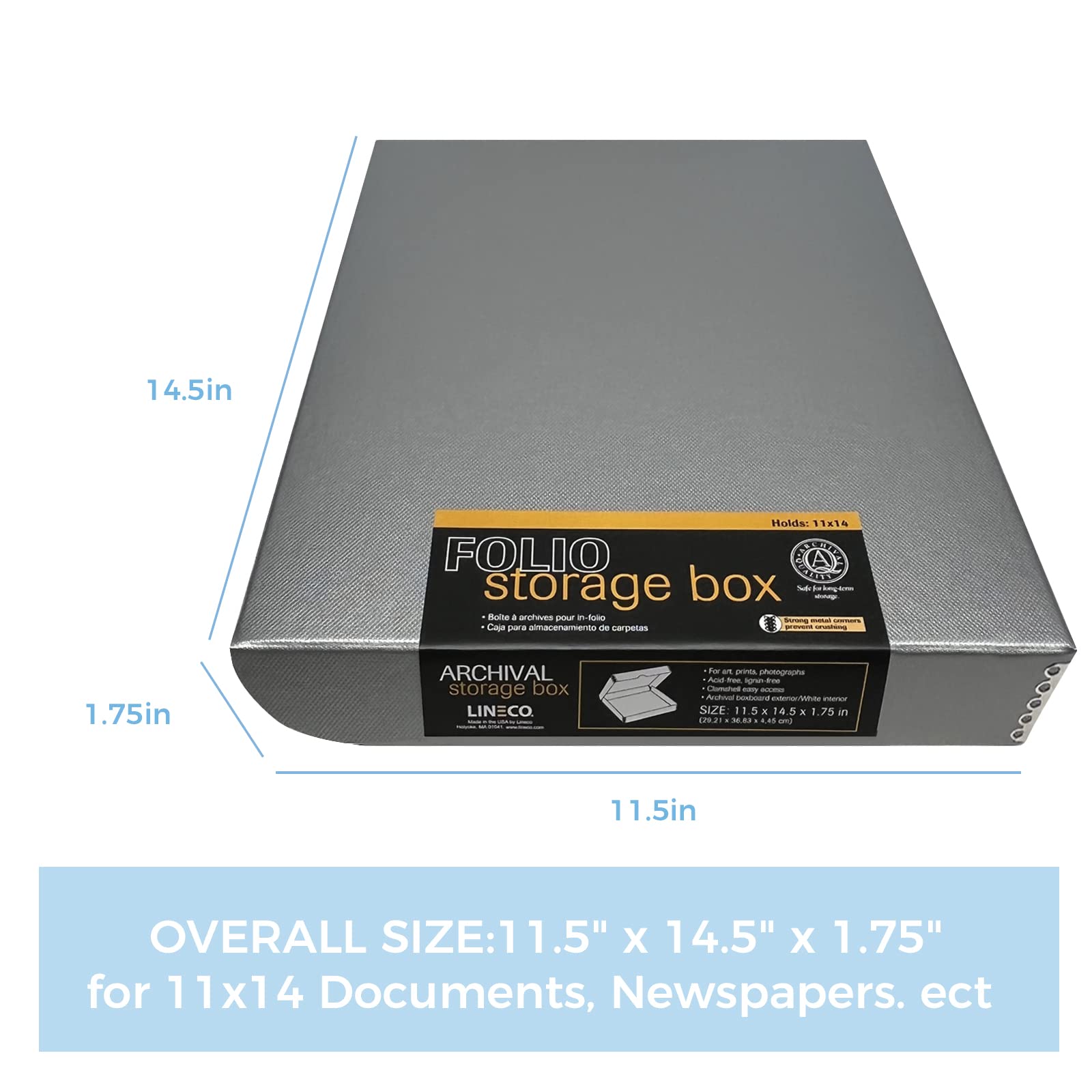 Lineco Folio Storage Box, Clamshell Design With Metal Edge. 11.5X14.5X1.75, Archival Boxboard, Organize And Preserve Photos, Prints, Cards, Magazines, Documents, Art, Ephemera, Family Records, Silver