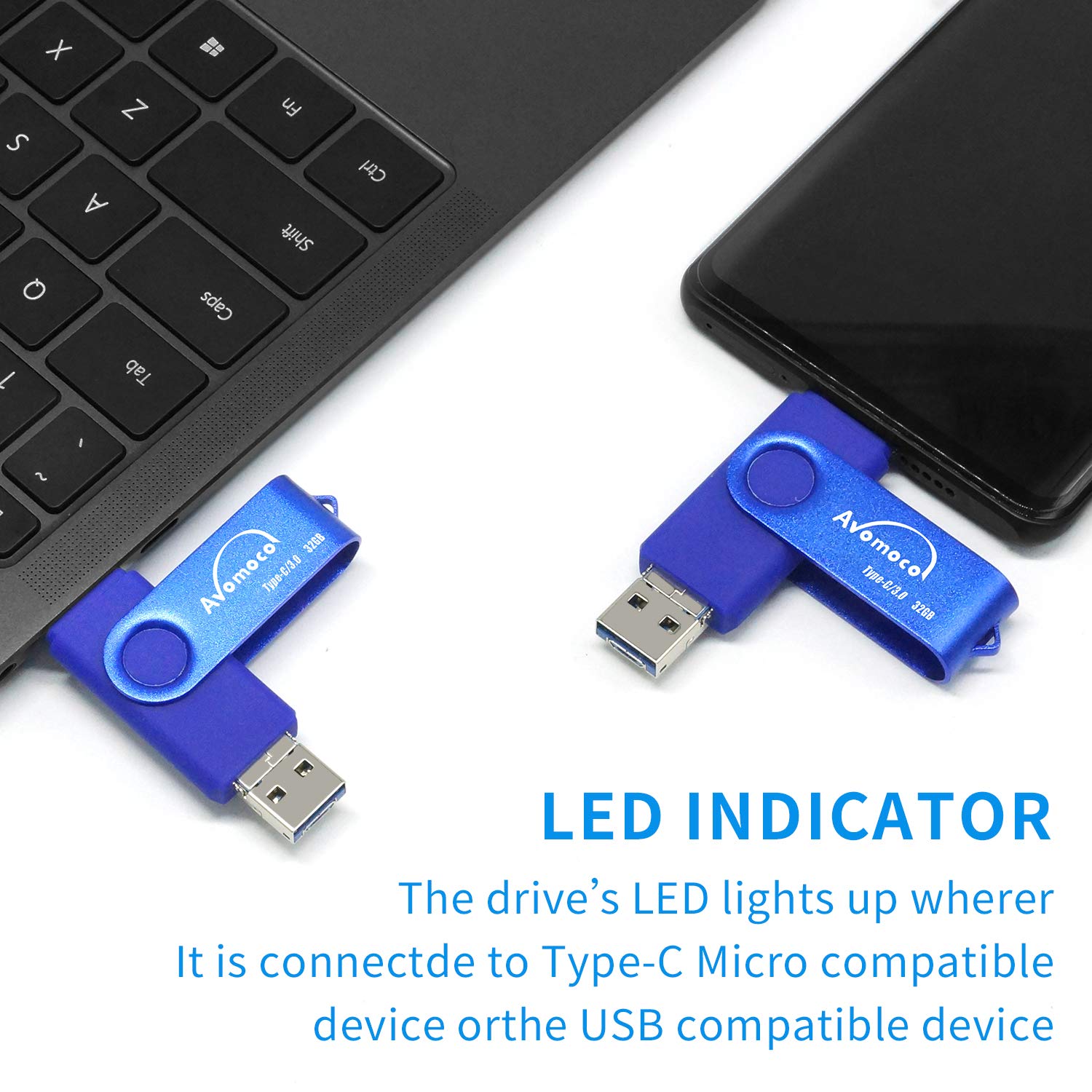 AVOMOCO 3.1 256GB High-Speed Photo Backup Flash Drive for Android, Type C/Micro, Blue, Model bf68a3d3-df40-4add-9