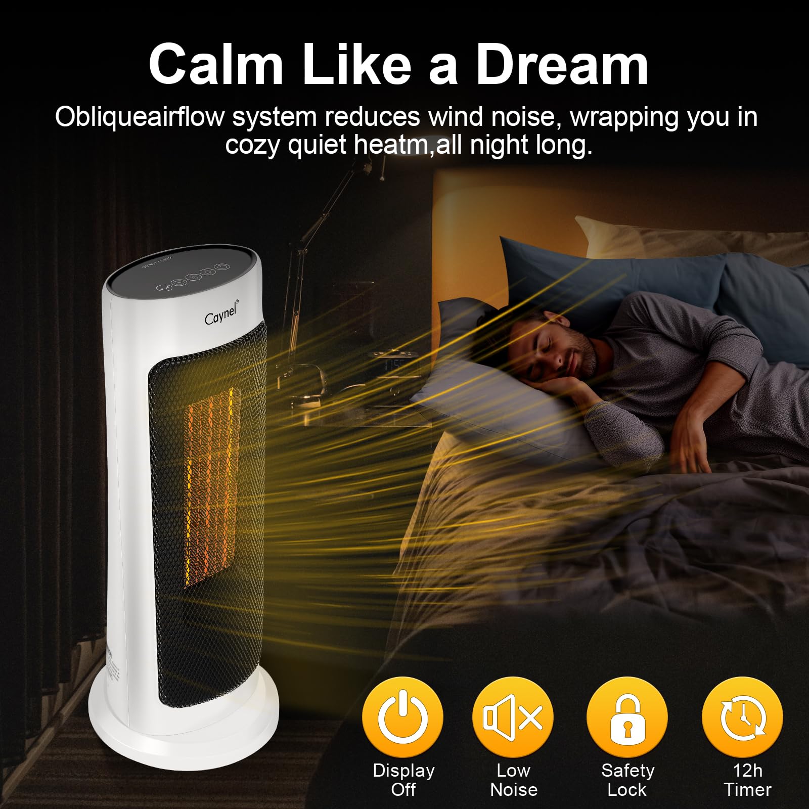 Caynel Home Oscillating Tower Ceramic Heater With Adjustable Thermostat, 12 Hour Timer And Safety Lock, Tip Off Switch And Overh
