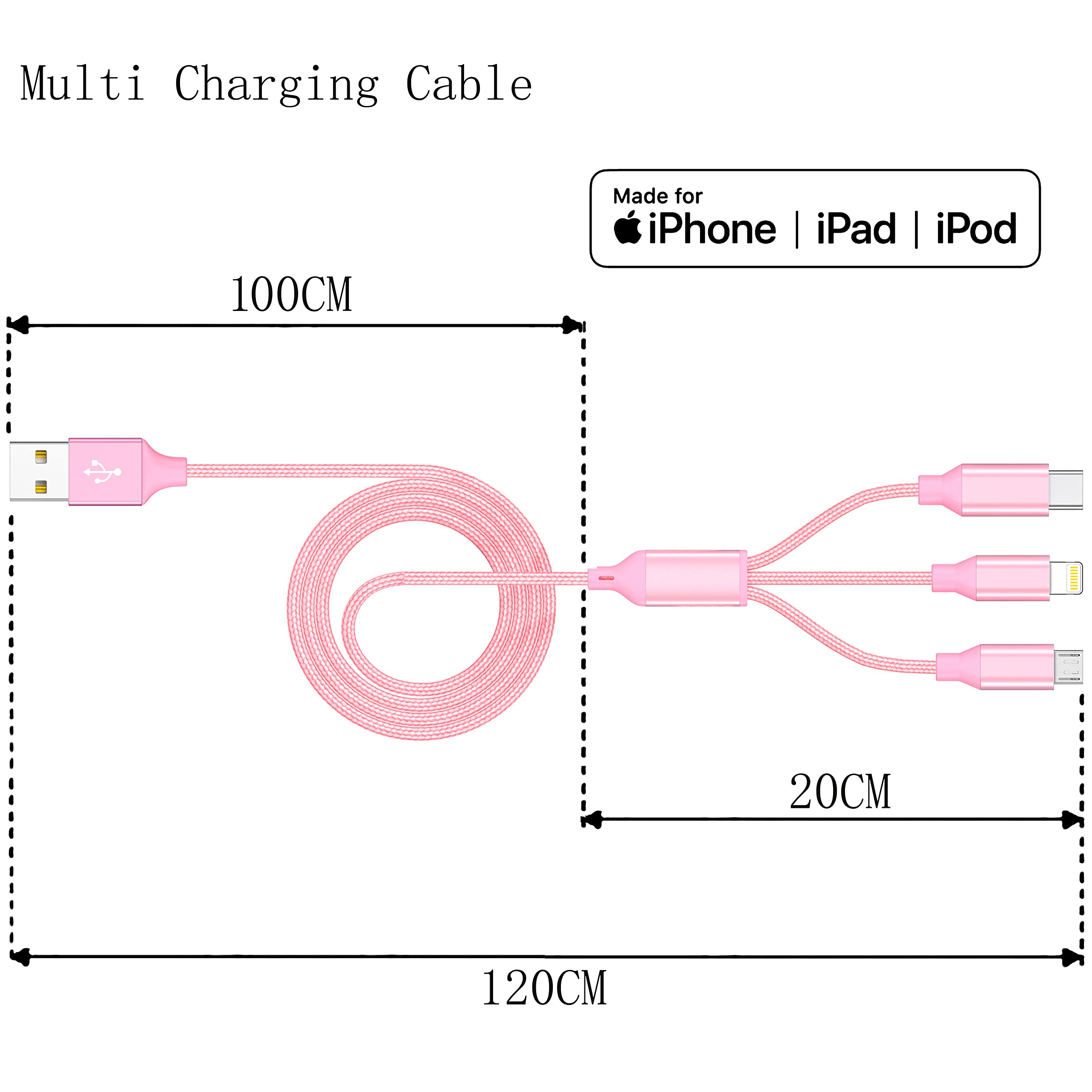 HYXing 3-in-1 Multi Charging Cable MFi Certified Type C Micro Lightning Metal 4ft