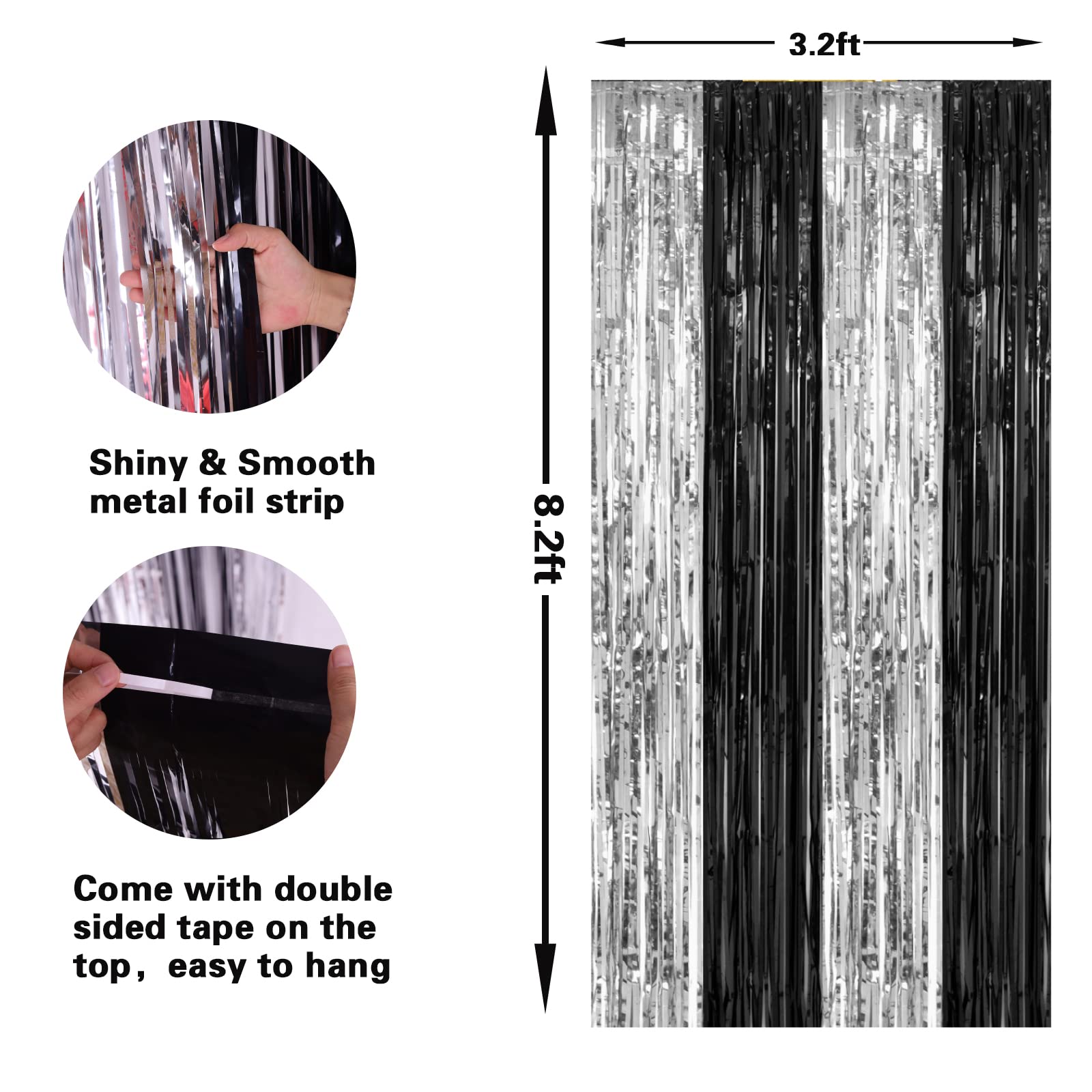 Pigetale, 2 Pack 3.2 X 8.2 Ft Black And Silver Foil Fringe Curtains Party Decorations, Sparkle Tinsel Curtain Photo Backdrop For