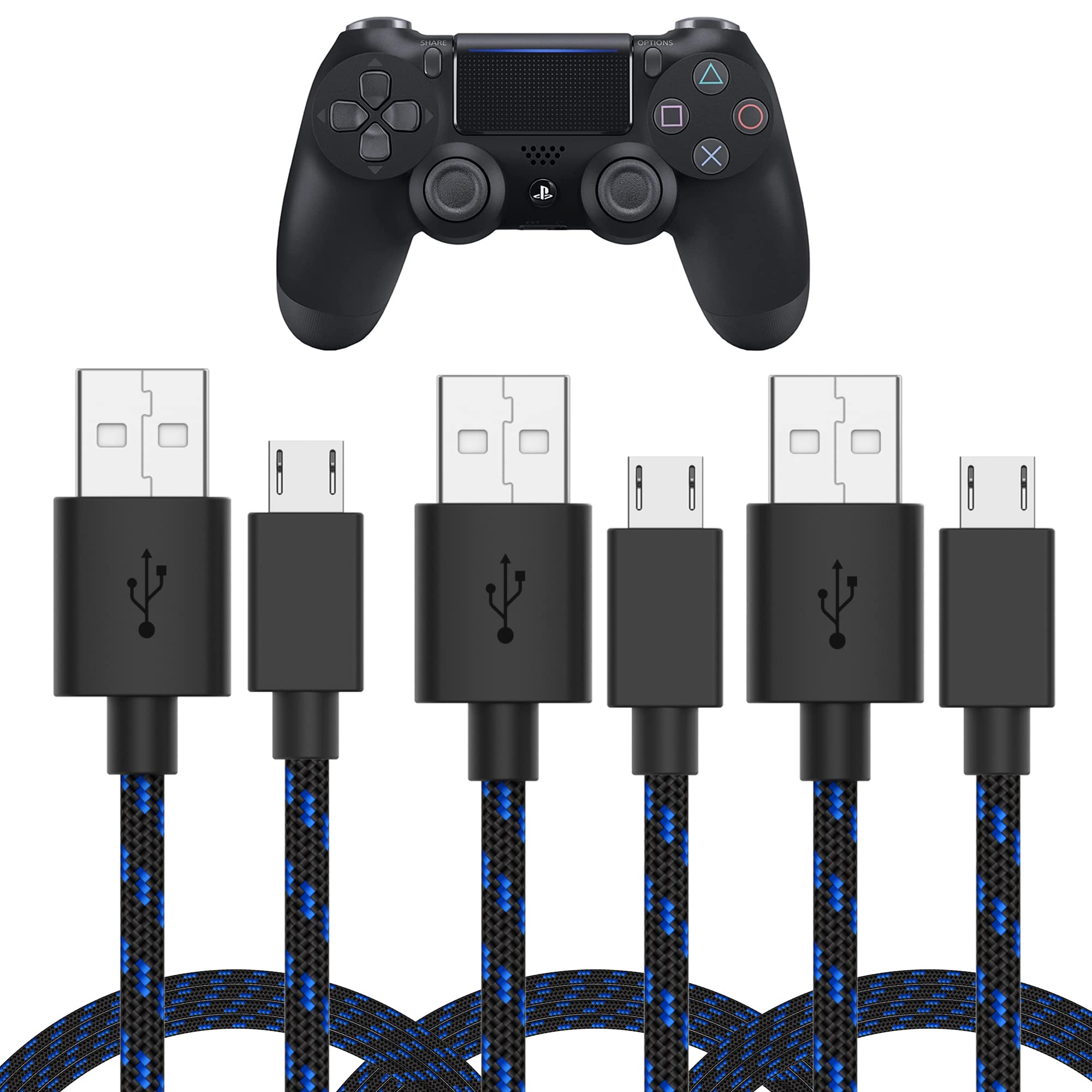 TalkWorks Micro USB Controller Charger Cable for PlayStation 4-6-Foot Long Braided Heavy-Duty Fast Charger Cord for PS4, Blue-Bl