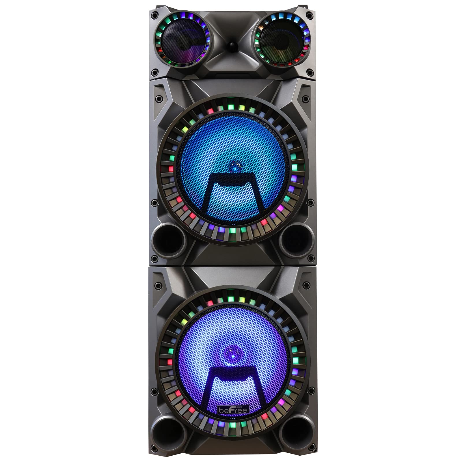 beFree Sound Rechargeable Bluetooth 12inch Double Subwoofer Portable Party Speaker with Dual Layer Reactive Party Lights, USB, S