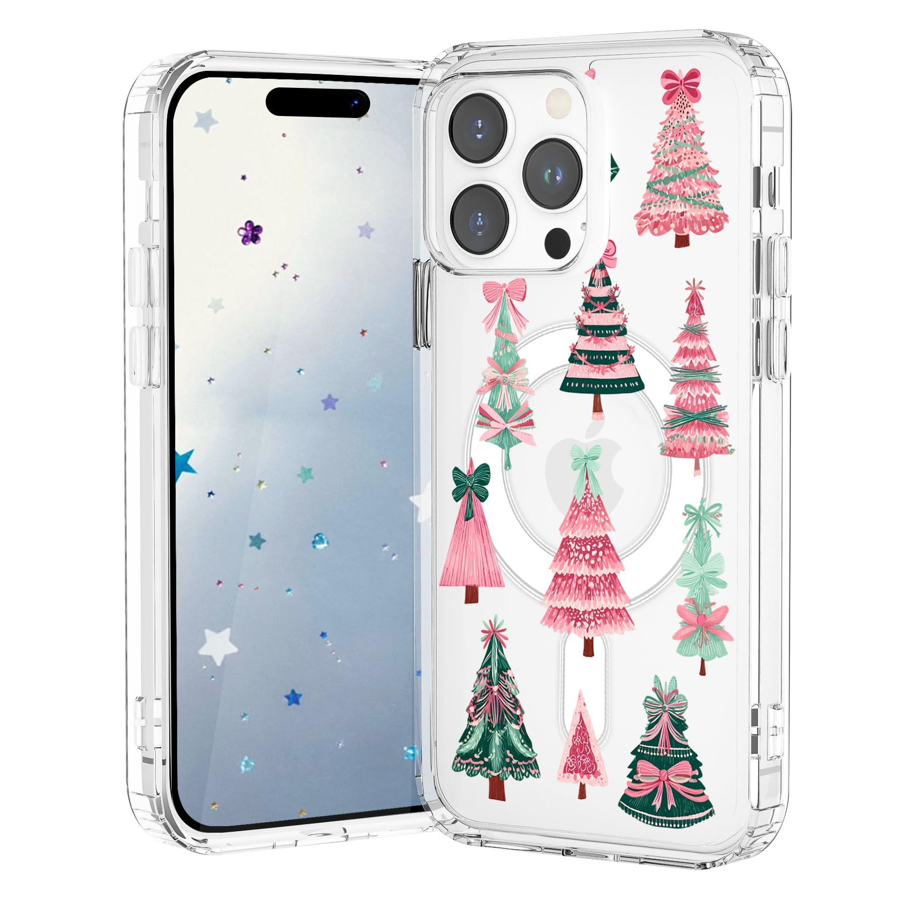 VibrantFruitique Christmas Case for iPhone 14 Plus,Pink Boho Xmas Tree Clear Magnetic Case,Compatible with MagSafe,Soft TPU Bump