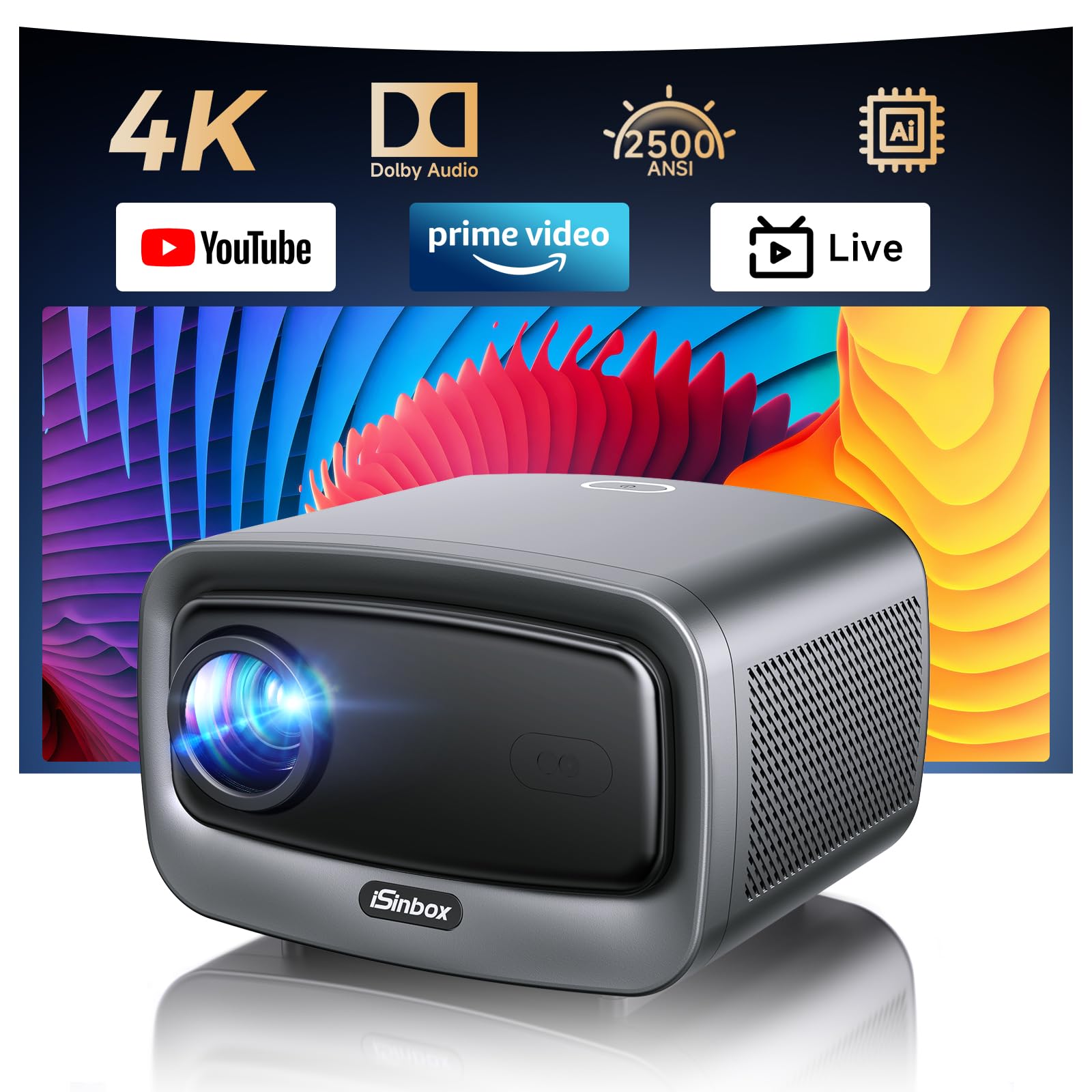 [2500 ANSI/Auto Focus/Built-in APPS] Smart Projector 4K with WiFi 6 and Bluetooth 5.3, 6D Keystone Outdoor Movie Projector with 