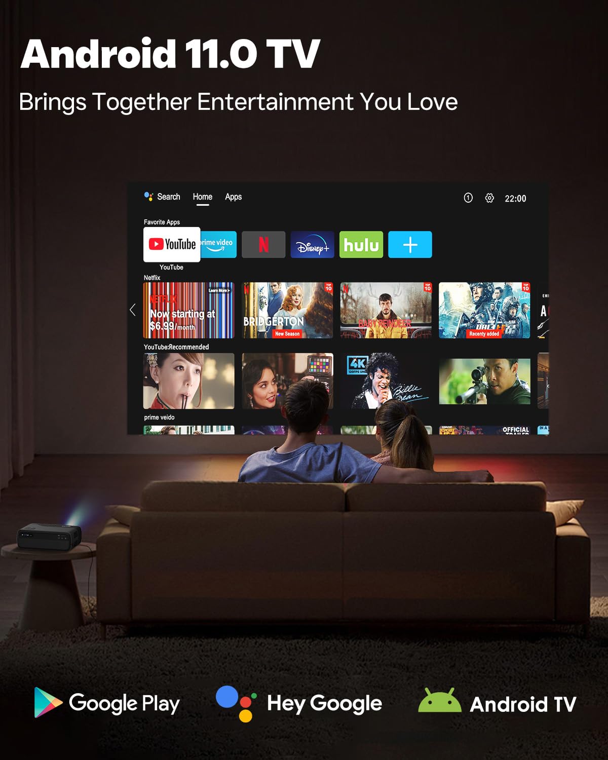 Smart Auto Focus Projector 4K Wifi Bluetooth With Netflix Certified Dolby Audio Voice Remote Android Tv 11 Portable Led 4K Full