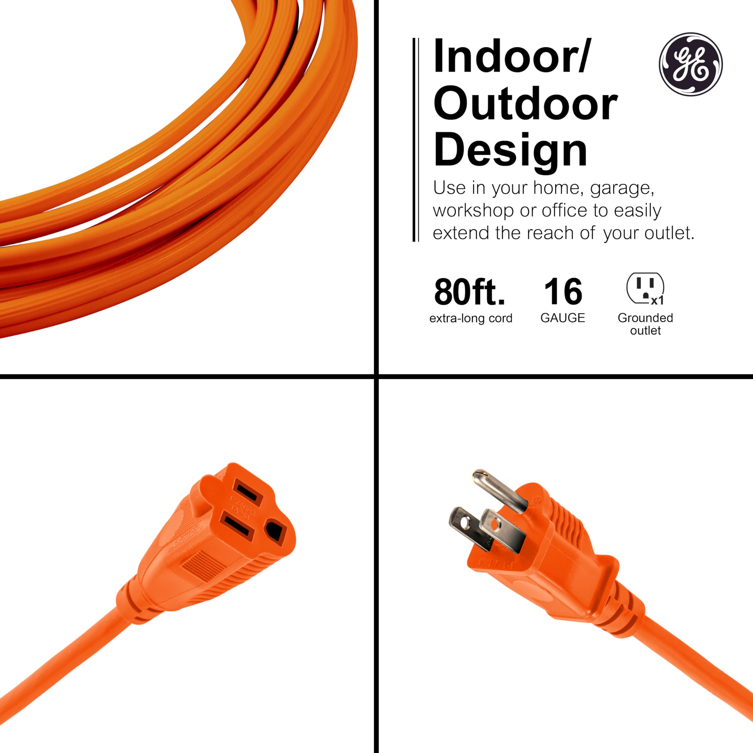 Ge Outdoor Extension Cord, 80 Ft, Grounded Heavy Duty Extension Cord, 16Awg 3 Prong Extension Cord Outdoor, Outside Extension Co