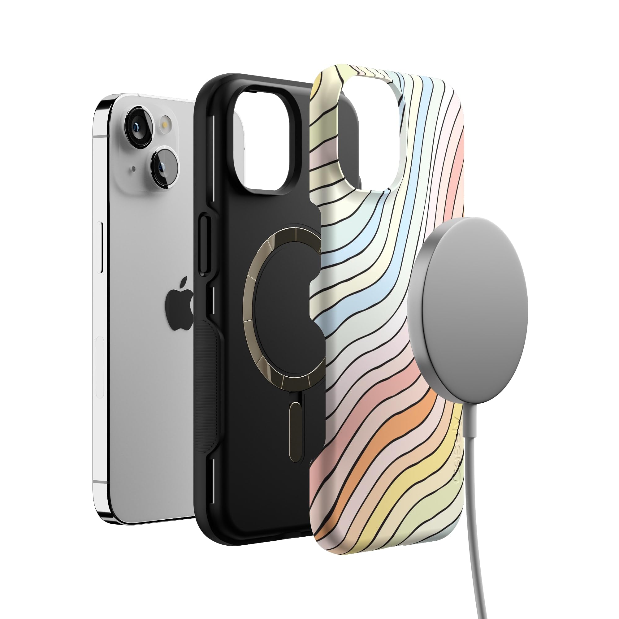 Casely Iphone 14 Case | Ride The Wave | Pastel Rainbow Lined | Compatible With Magsafe | Bold Protective Design