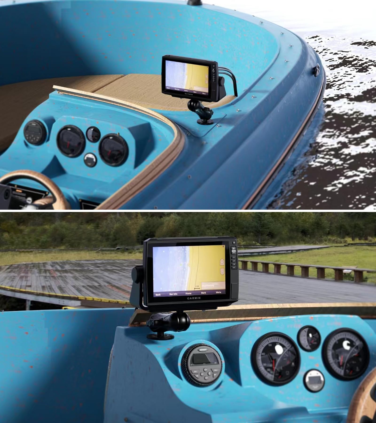 Vazeswin Aluminum Alloy Fish Finder Mount With C Size 1.5'' Ball Rectangle Plate & Round Base, 9.1'' Long Arm Marine Electronic