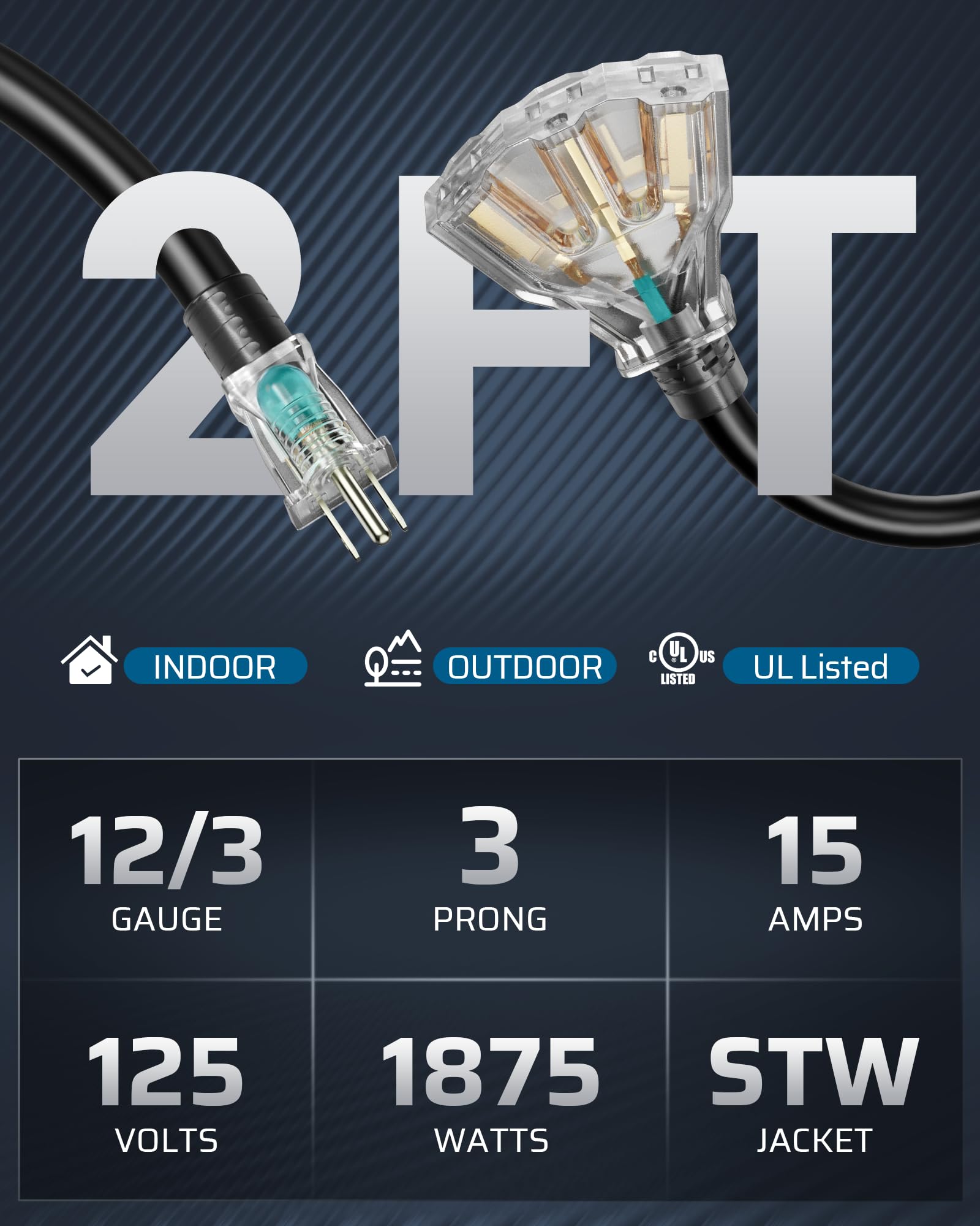 Dewenwils 2 Ft 12/3 Gauge Indoor/Outdoor Tri Tap Extension Cord Splitter, Stw 15 Amp Contractor Grade Heavy Duty Power Cable Wit