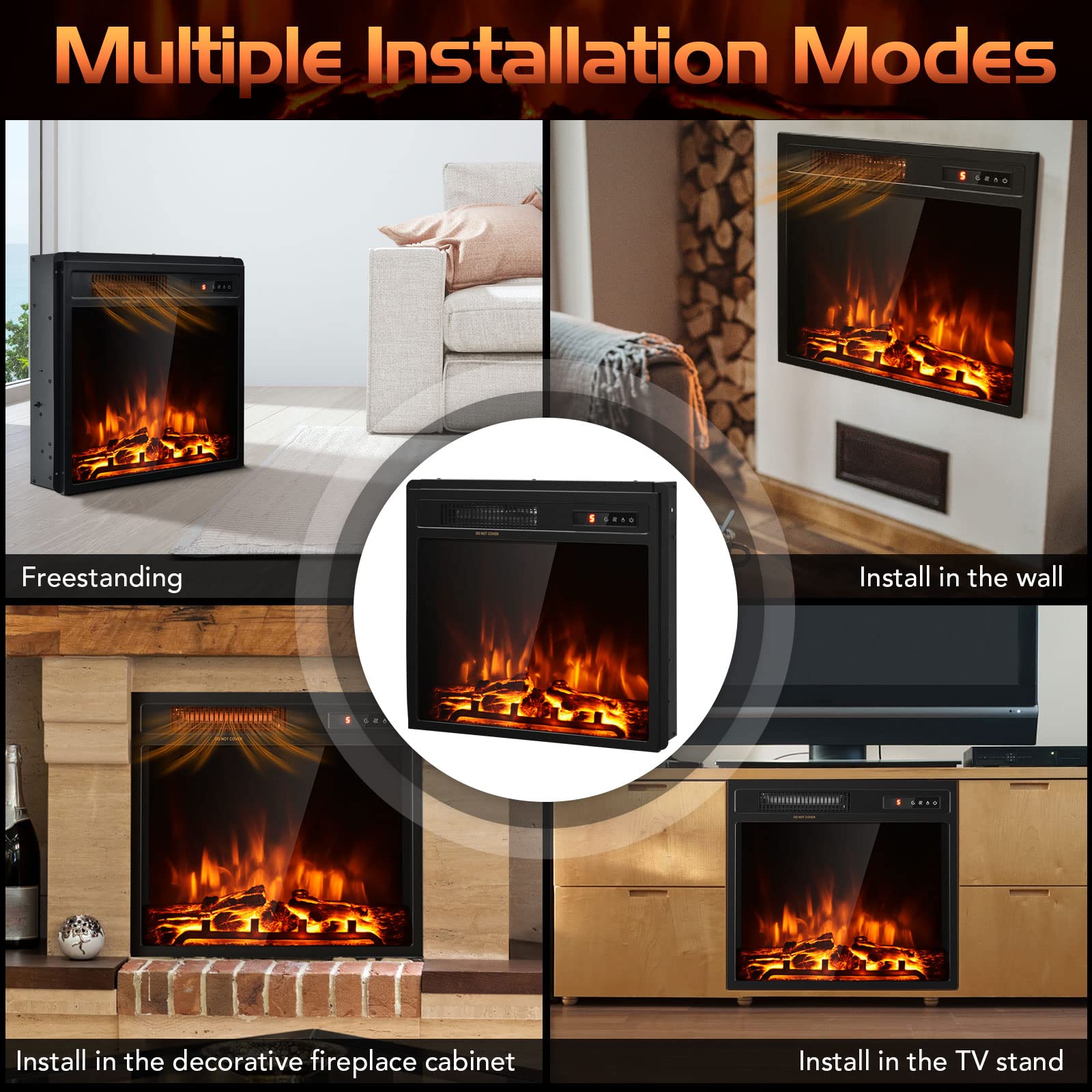 Costway 18 Inch Electric Fireplace Inserts, 1500W Freestanding Recessed Fireplace Heater With Remote Control, Adjustable Flame E