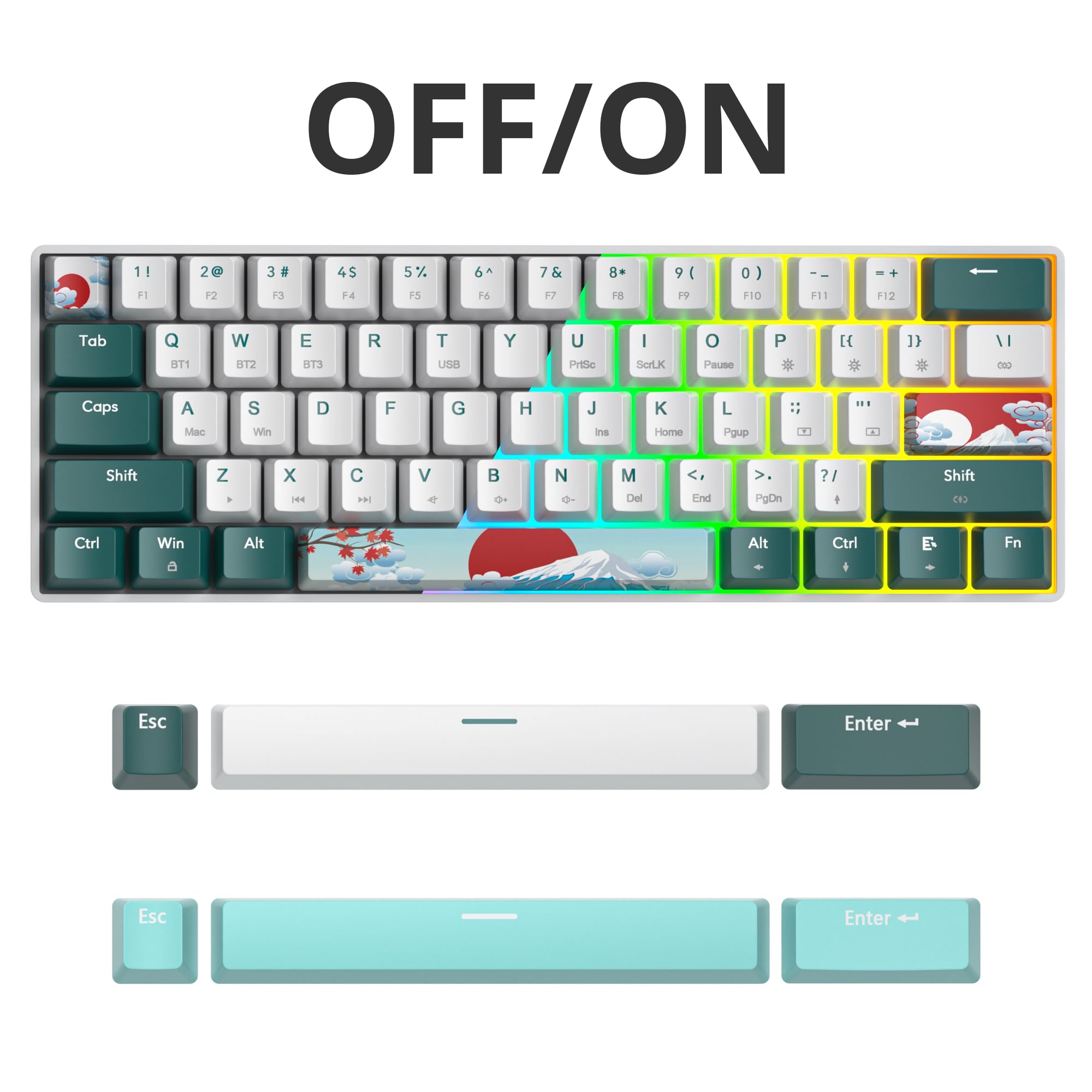 surmen Wireless 60% Gaming Keyboard, Hot Swappable RGB, Mini Bluetooth, Gateron Red Switch, Green 61, USB-C, for Windows/Mac