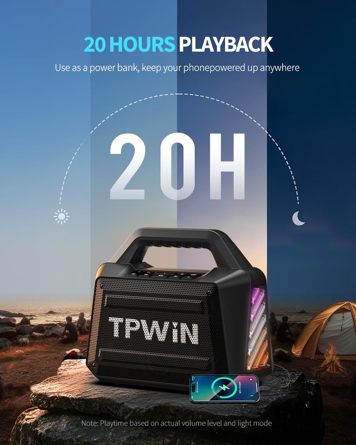 Tpwin Bluetooth Speaker - 80W Loud Rugged Outdoor Speakers, Ipx6 Waterproof, 20H Playtime, Deep Bass, Lightshow, Tws, Bt 5.3 Wir