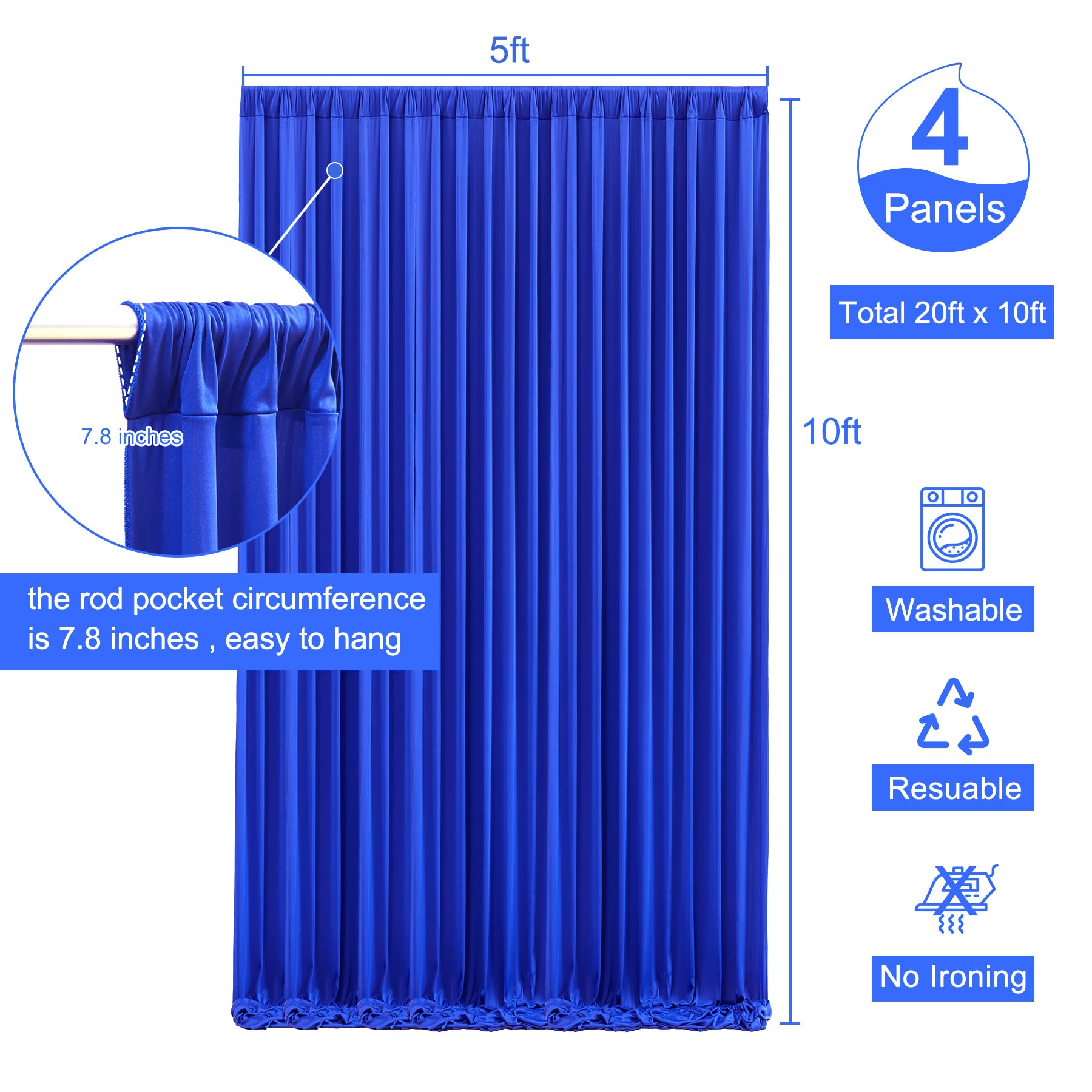 4 Panels Royal Blue Backdrop Curtain For Parties Wrinkle Free Blue Photo Curtains Backdrop Drapes Fabric Decoration For Wedding